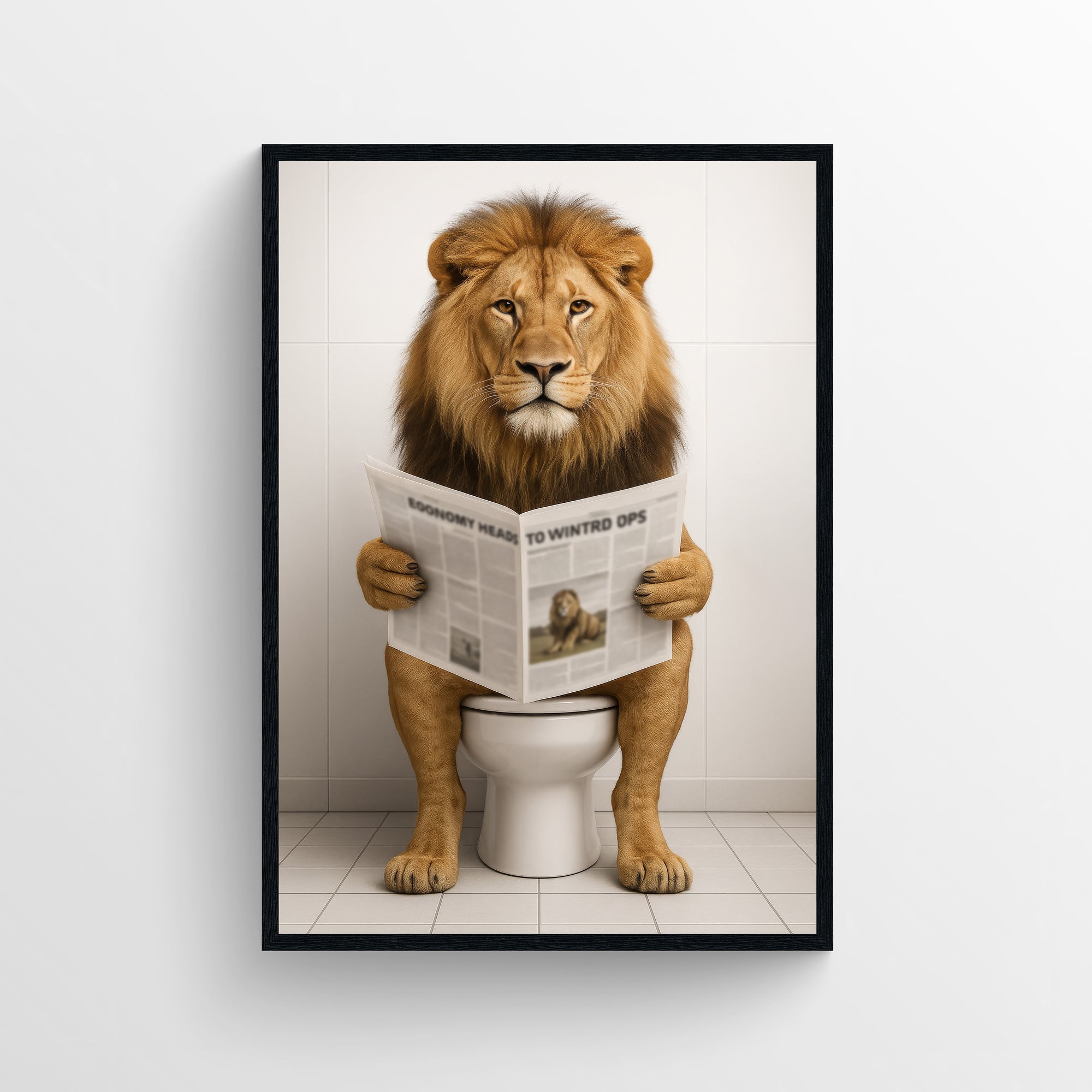 Photorealistic lion sitting on a toilet reading a newspaper in a clean bathroom setting — funny bathroom poster with minimalist style, animal wall print and modern wall art for apartments and dorms from CollegeWares.