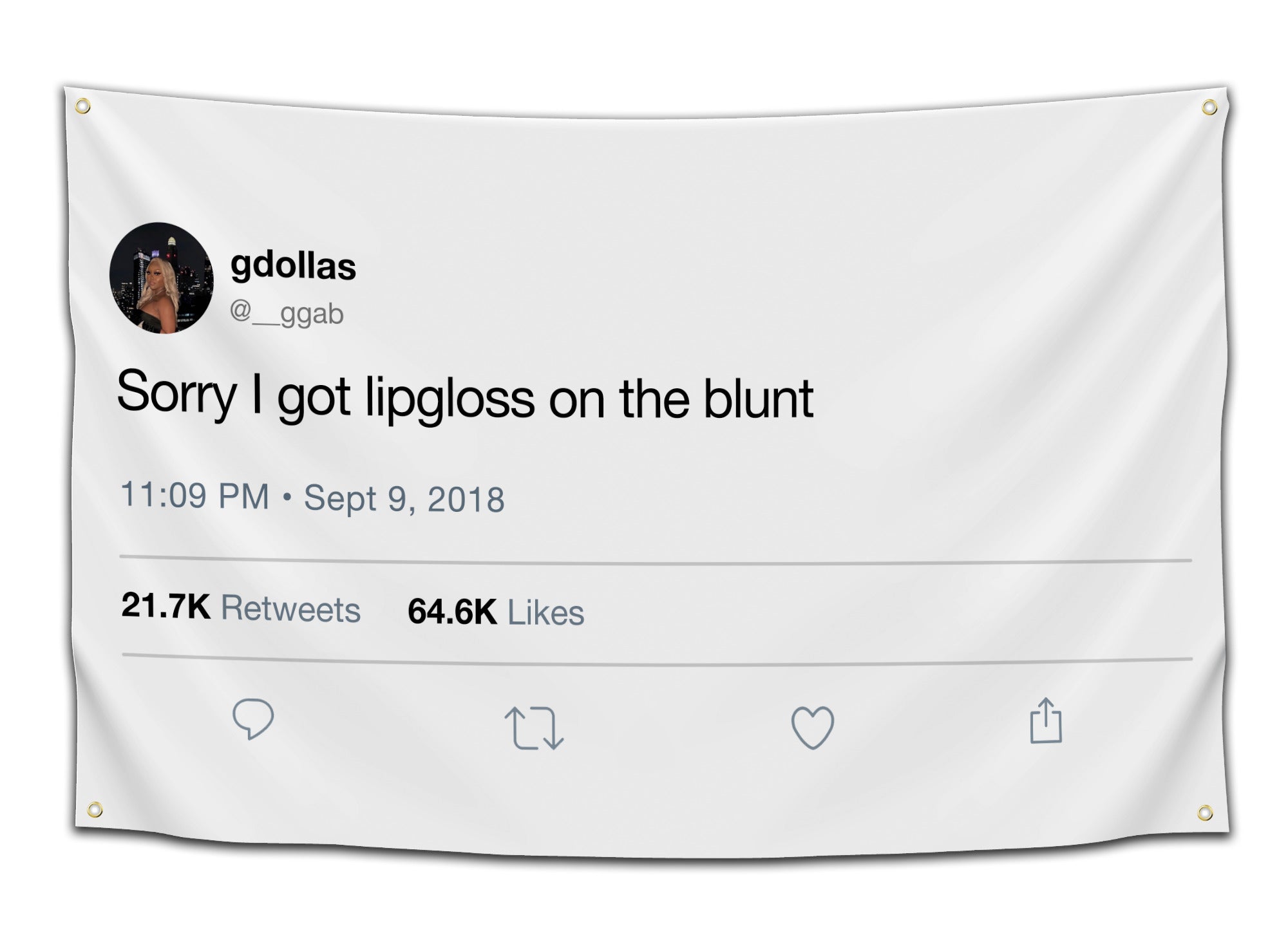 Flag featuring viral tweet by user @__ggab saying “Sorry I got lipgloss on the blunt” on a white background — funny Twitter meme flag from CollegeWares.