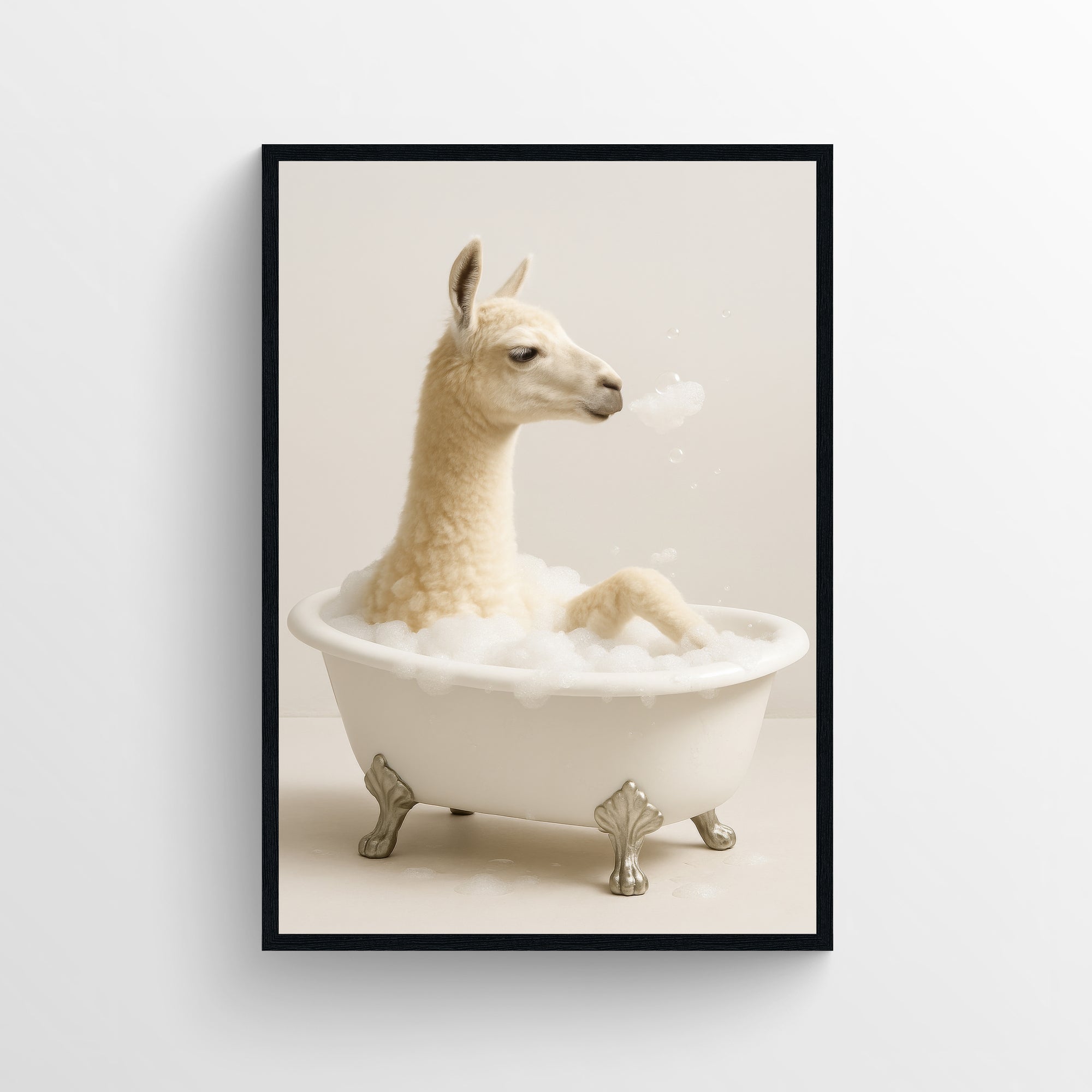 Photorealistic llama sitting in a clawfoot bathtub in a minimalist bathroom — funny bathroom poster with clean modern wall art style, animal wall print for apartments and dorms by CollegeWares.