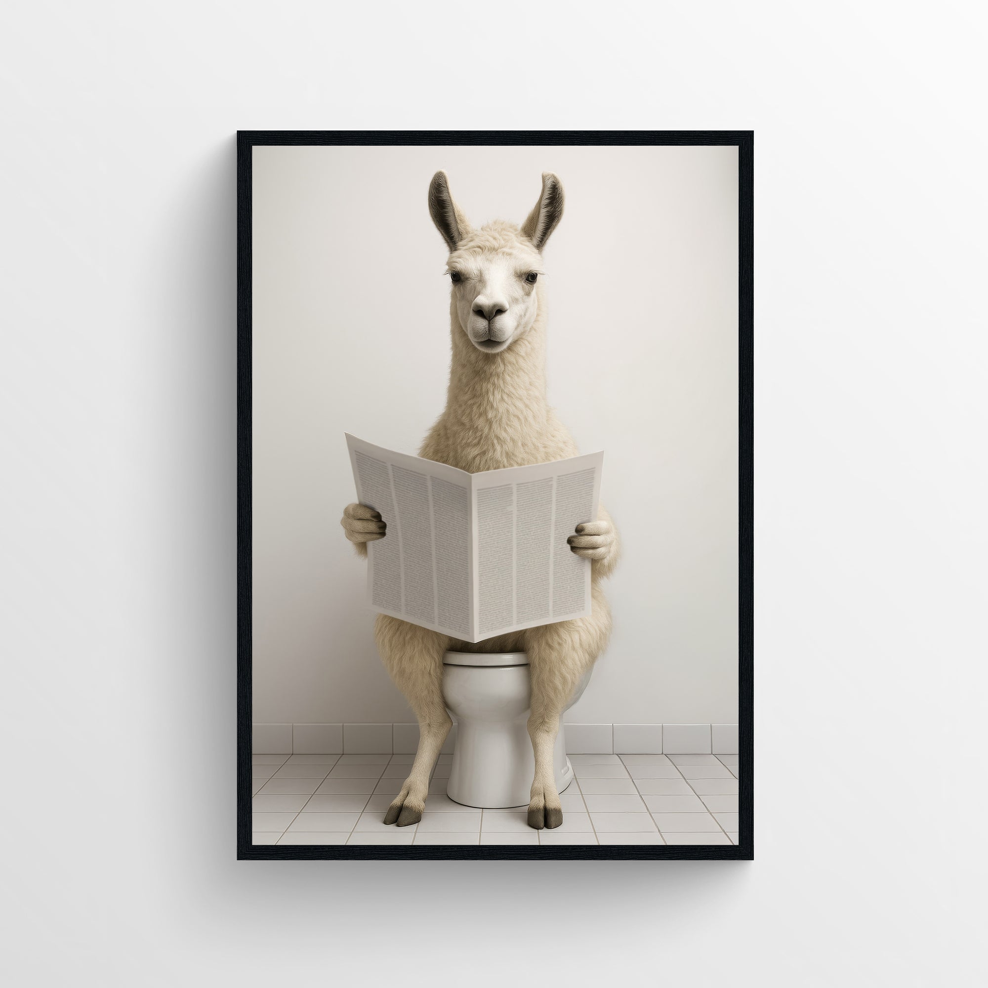 Photorealistic llama sitting on a toilet reading a newspaper in a minimalist bathroom — funny bathroom poster with modern wall art style, animal wall print for apartments and dorms by CollegeWares.
