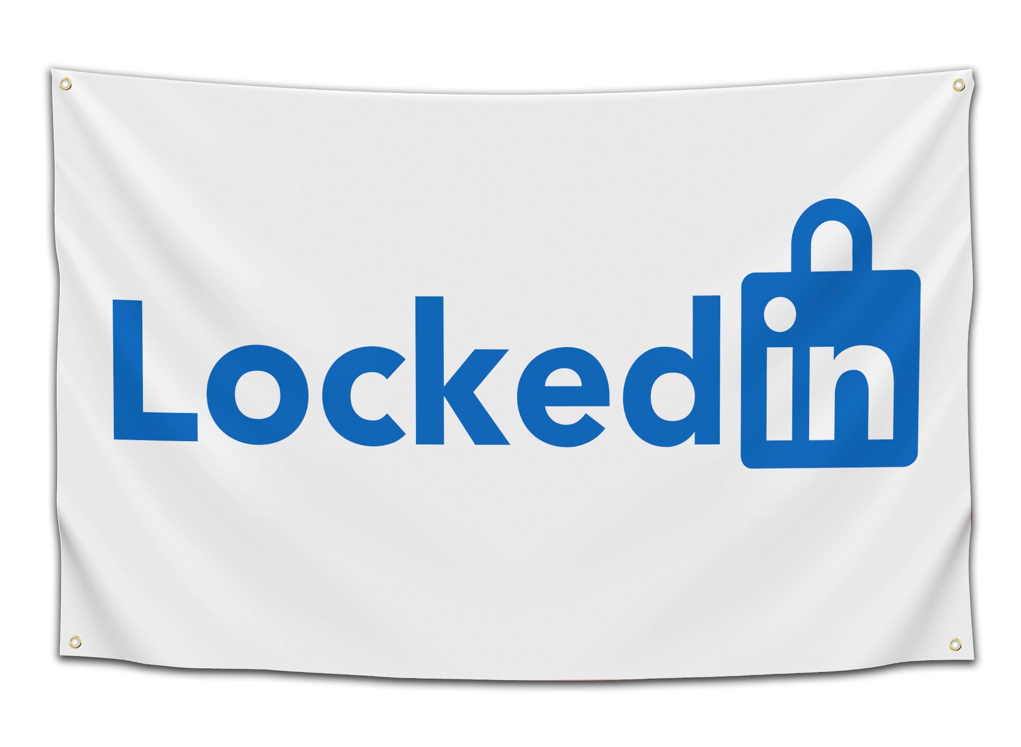 Funny LinkedIn parody flag reading “Locked In” with bold blue text and a padlock logo replacing the classic LinkedIn icon — motivational college wall flag by CollegeWares.