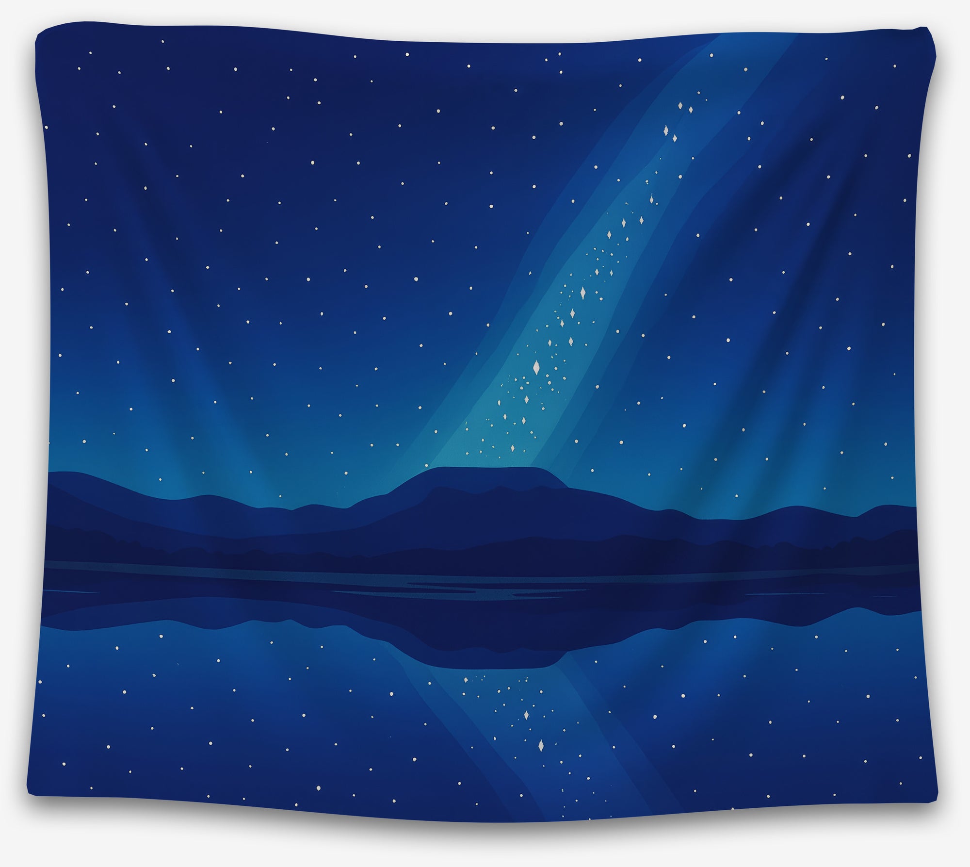Minimalist night sky tapestry with stars, blue mountains, and lake reflection, perfect cosmic dorm tapestry or galaxy wall hanging by CollegeWares.