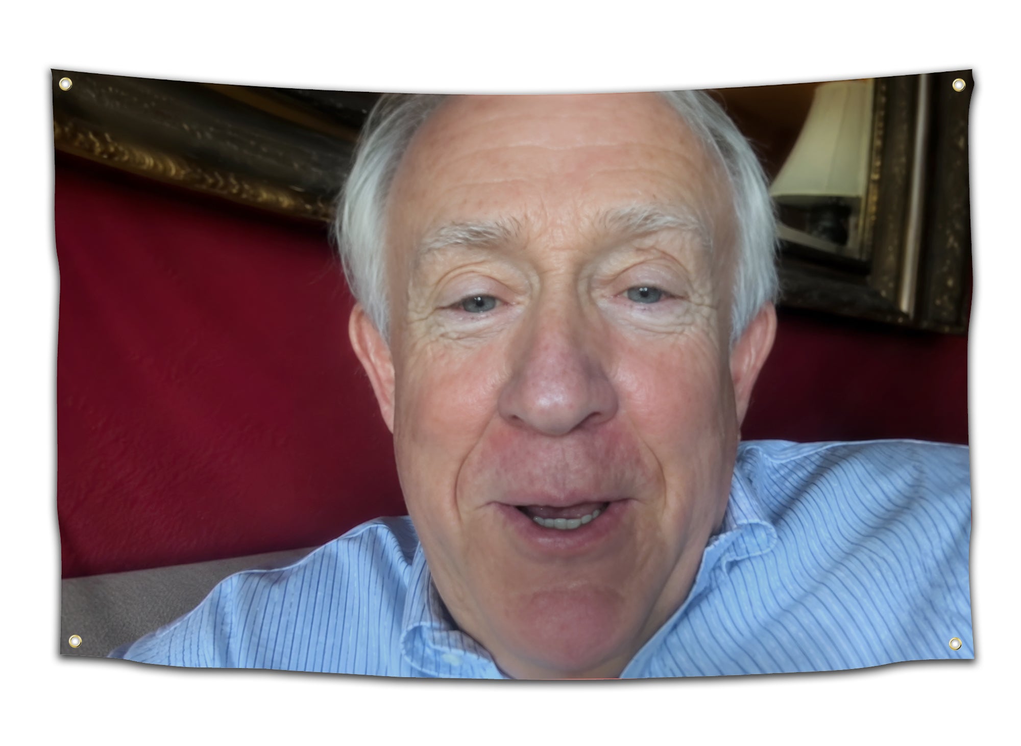 Funny college flag featuring a close up reaction image of an older man with a shocked and amused expression against a red background. This meme inspired funny dorm flag brings internet humor to college apartments, student bedrooms, and meme wall decor collections as a dorm room banner from CollegeWares.