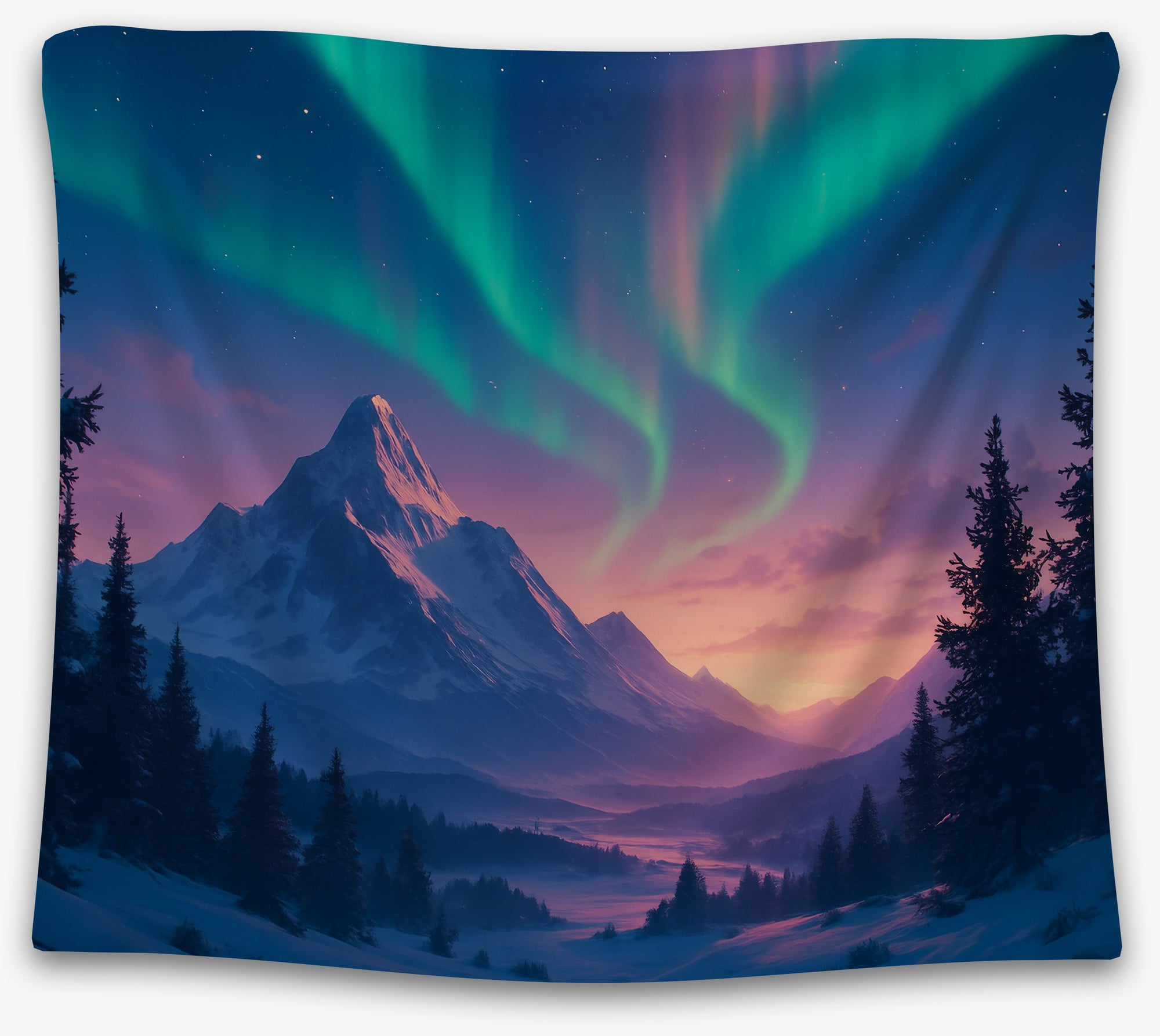 Aurora borealis tapestry with glowing green lights over purple mountains and pine trees, perfect northern lights dorm tapestry or aesthetic wall hanging by CollegeWares.