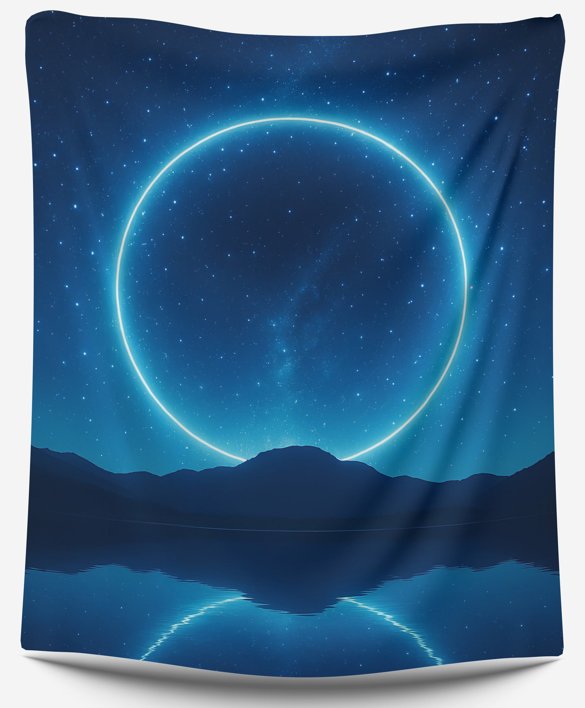 Blue galaxy tapestry with glowing ring over mountains and starry night sky reflection, cosmic wall hanging for dorm or bedroom decor by CollegeWares.