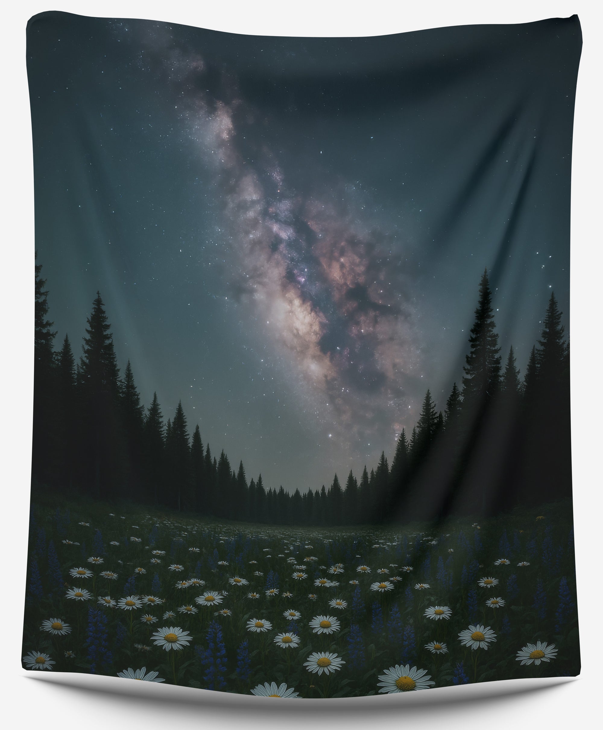 Starry Milky Way over daisy-filled meadow and pine forest, peaceful night sky dorm tapestry for nature-inspired college room decor by CollegeWares.