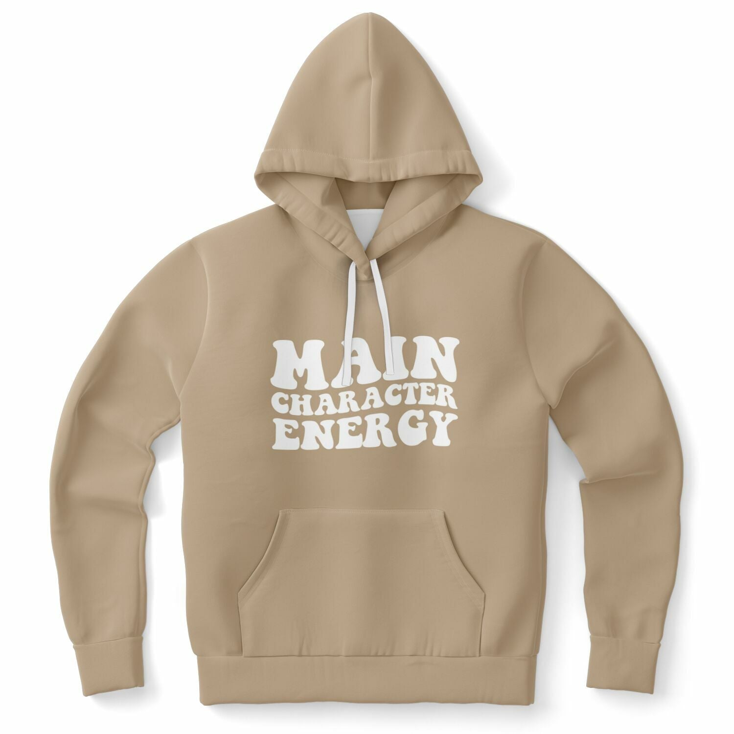 Brown hoodie with the phrase “Main Character Energy” printed in large white bubble letters — confident spotlight-core from CollegeWares.