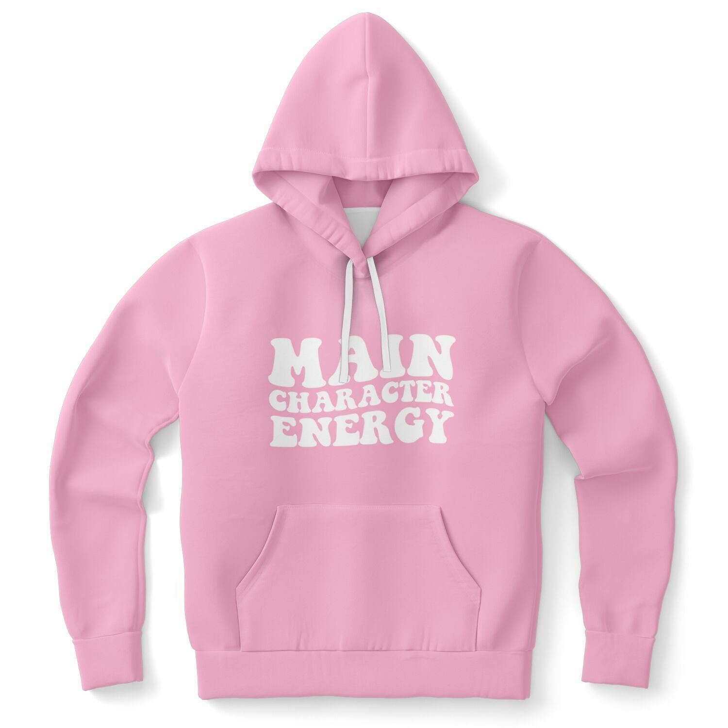 Pink hoodie with “Main Character Energy” across the chest in chunky white font — playful, pretty, and self-obsessed from CollegeWares.