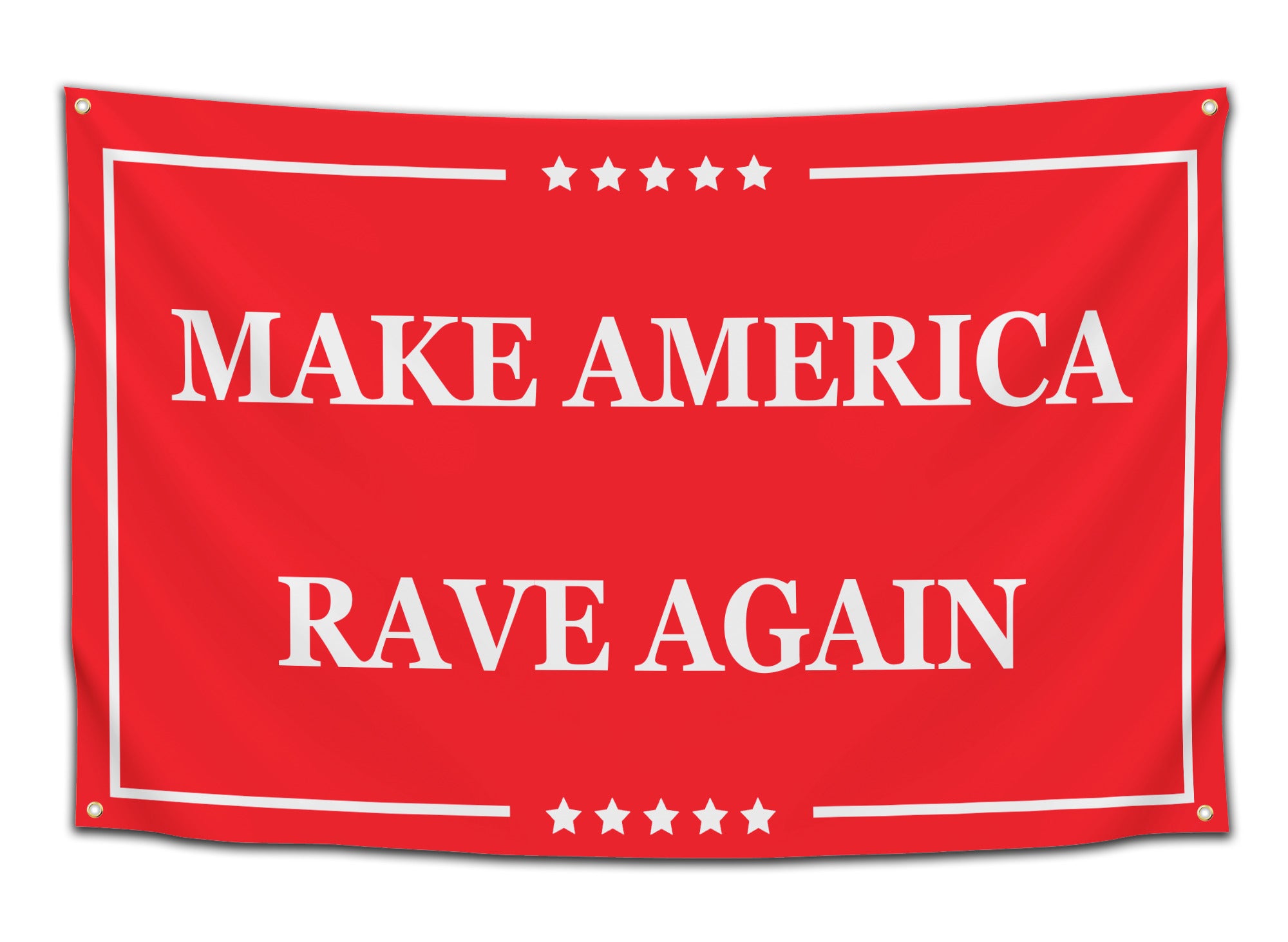 Flag featuring the phrase “Make America Rave Again” in white block text on a red background with stars — EDM festival party flag from CollegeWares.