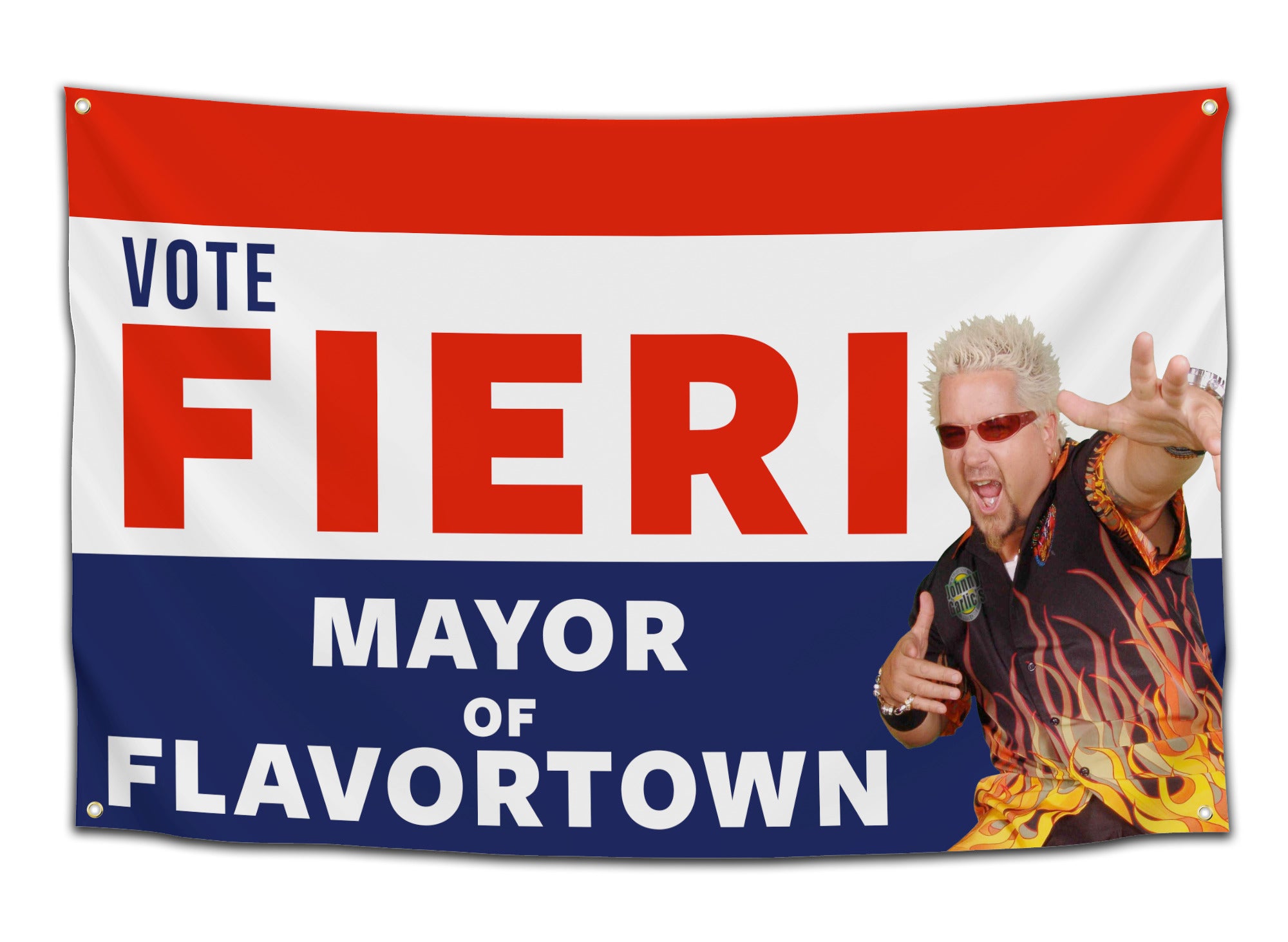 Flag featuring Guy Fieri posing next to a “Vote Fieri Mayor of Flavortown” campaign sign in red, white, and blue — funny food lover’s flag from CollegeWares.