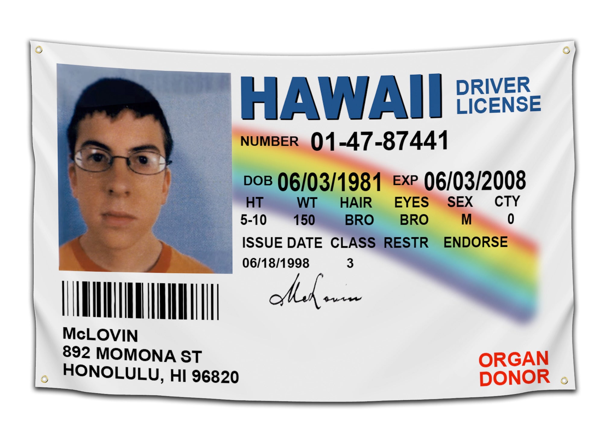 Flag featuring McLovin’s fake Hawaii driver’s license from the movie Superbad with rainbow design and organ donor label — funny movie reference flag from CollegeWares.