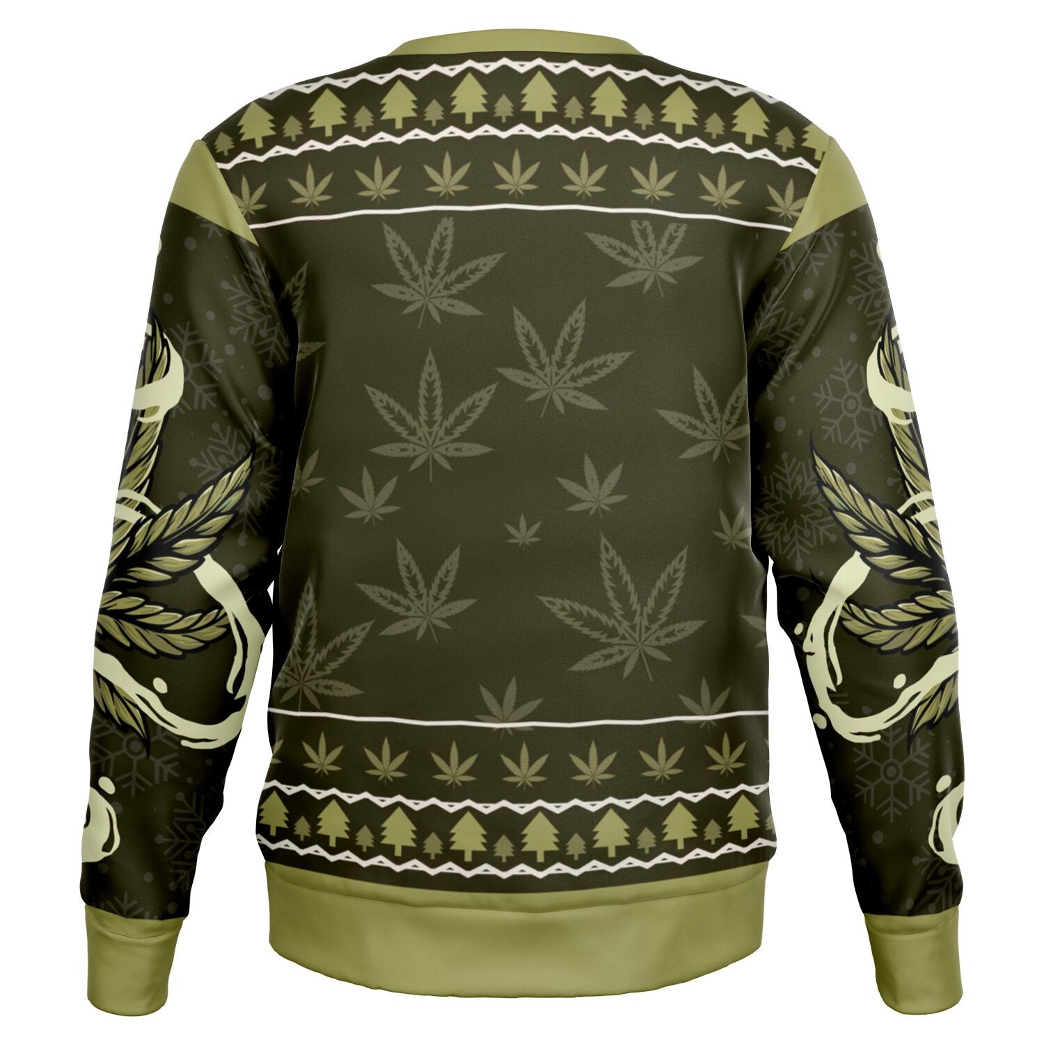 Back view of olive sweater with marijuana leaf pattern and no text — chill holiday design from CollegeWares.