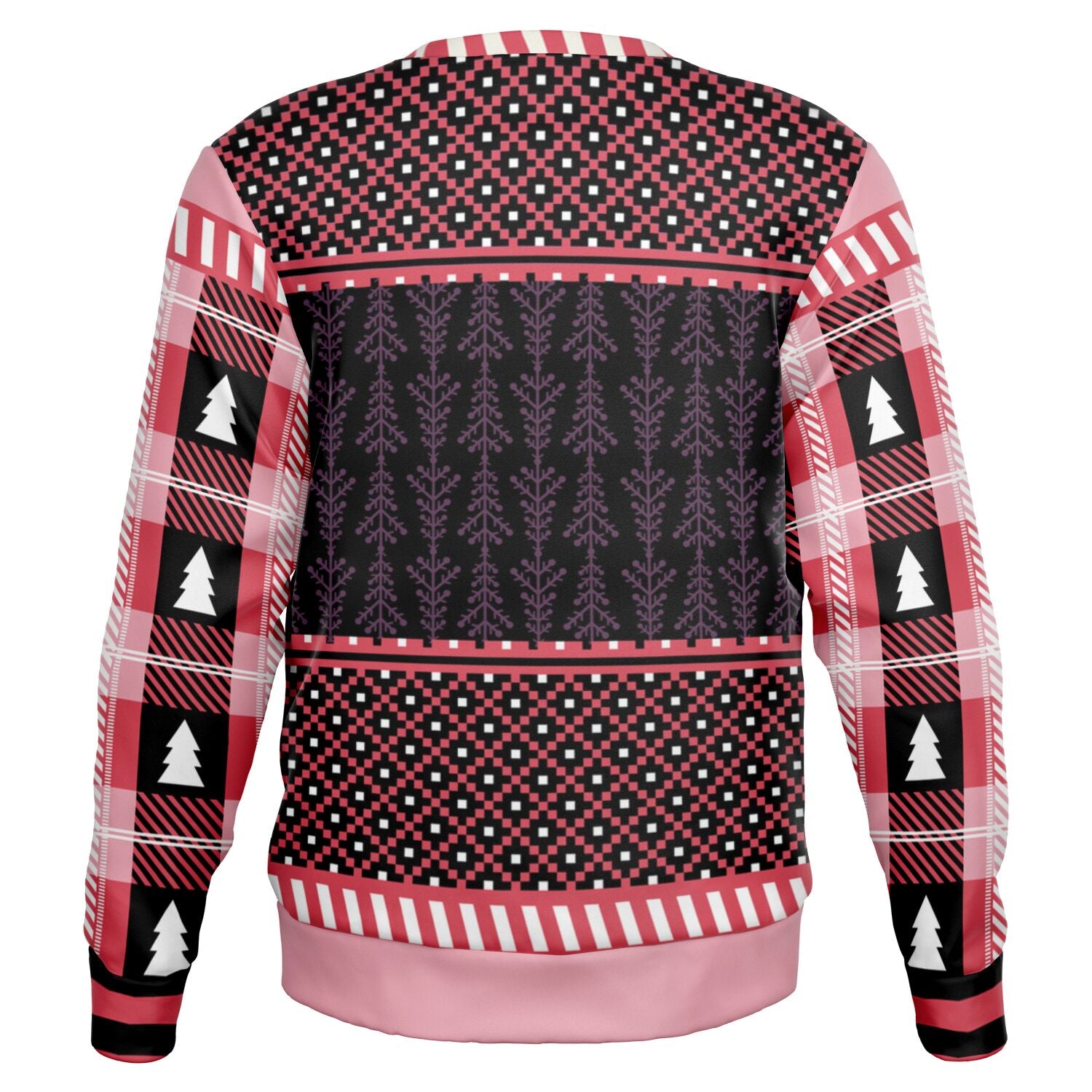 Back view of pink and black sweater with patterned sleeves and tree silhouettes — alternative festive style from CollegeWares.