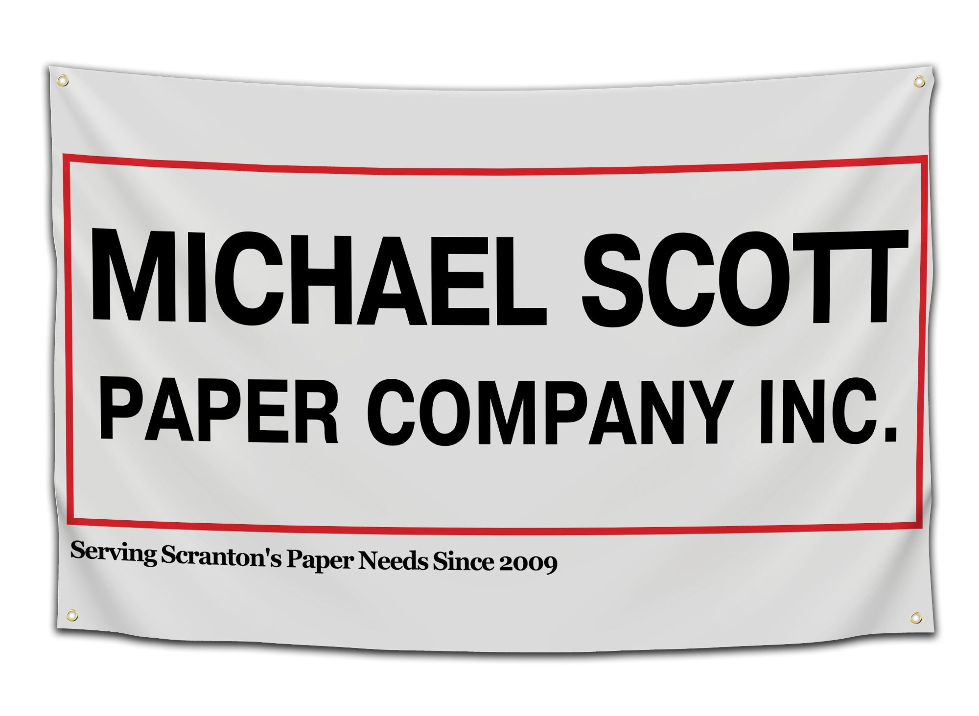 Flag featuring a fictional “Michael Scott Paper Company Inc.” logo from The Office, with a white background, black text, and a red border — TV show fan flag from CollegeWares.