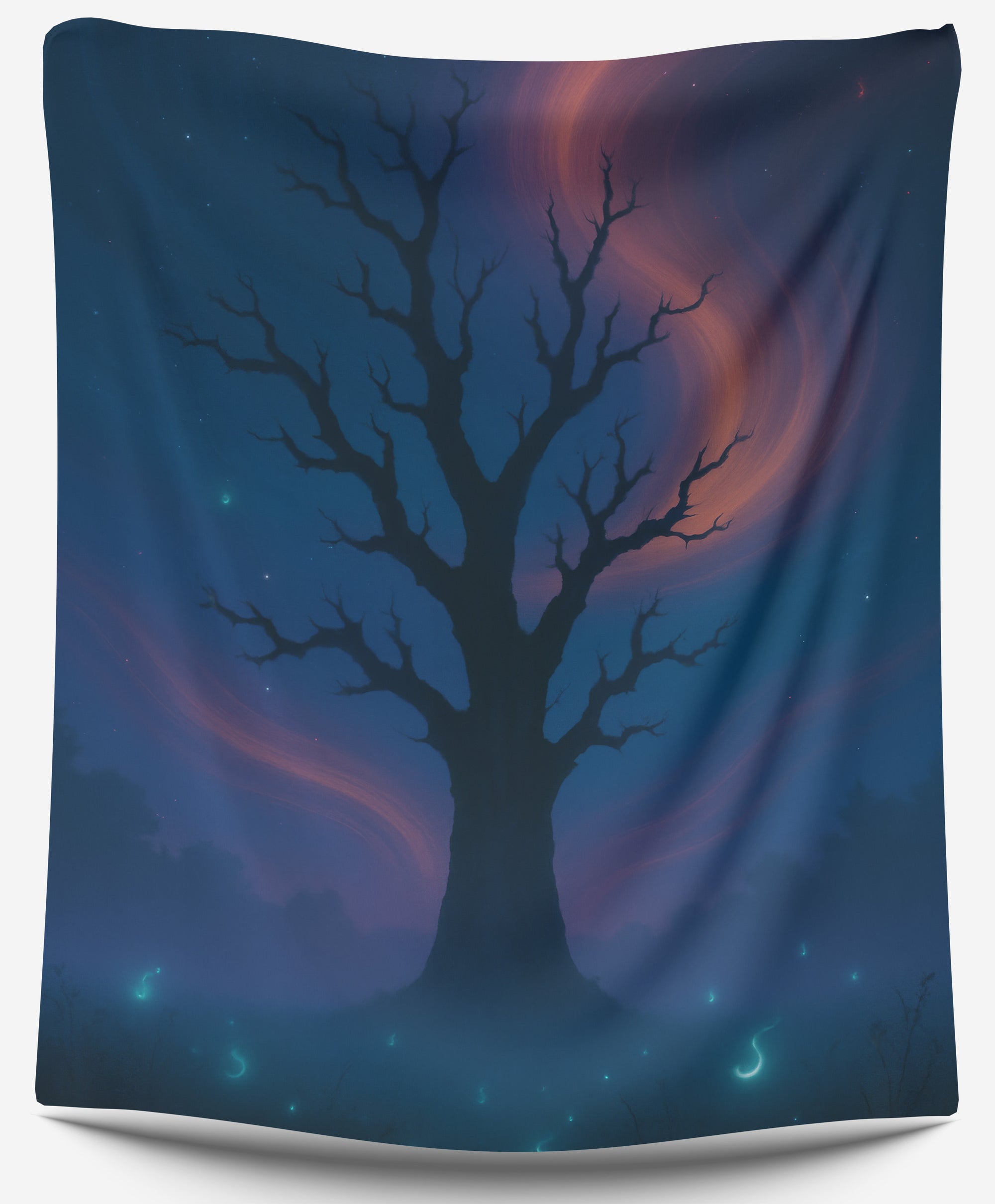 Dark tree silhouette under glowing purple-blue night sky with wisps, fantasy dorm tapestry for magical college wall decor by CollegeWares.