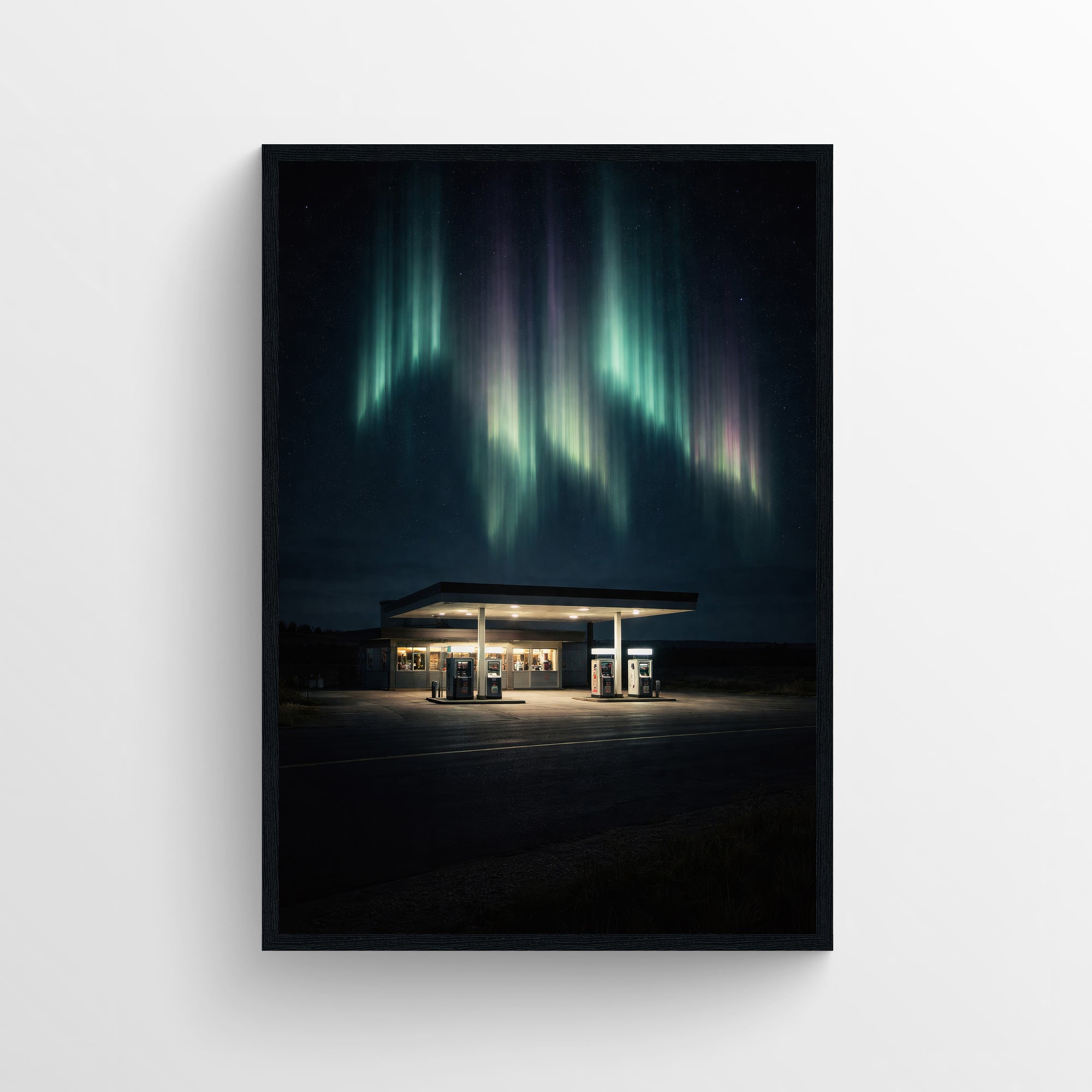Surreal trippy wall poster of a lonely gas station at night under glowing northern lights, featuring moody lighting and soft aurora colors — modern aesthetic room decor and surreal art print for college rooms and apartments by CollegeWares.