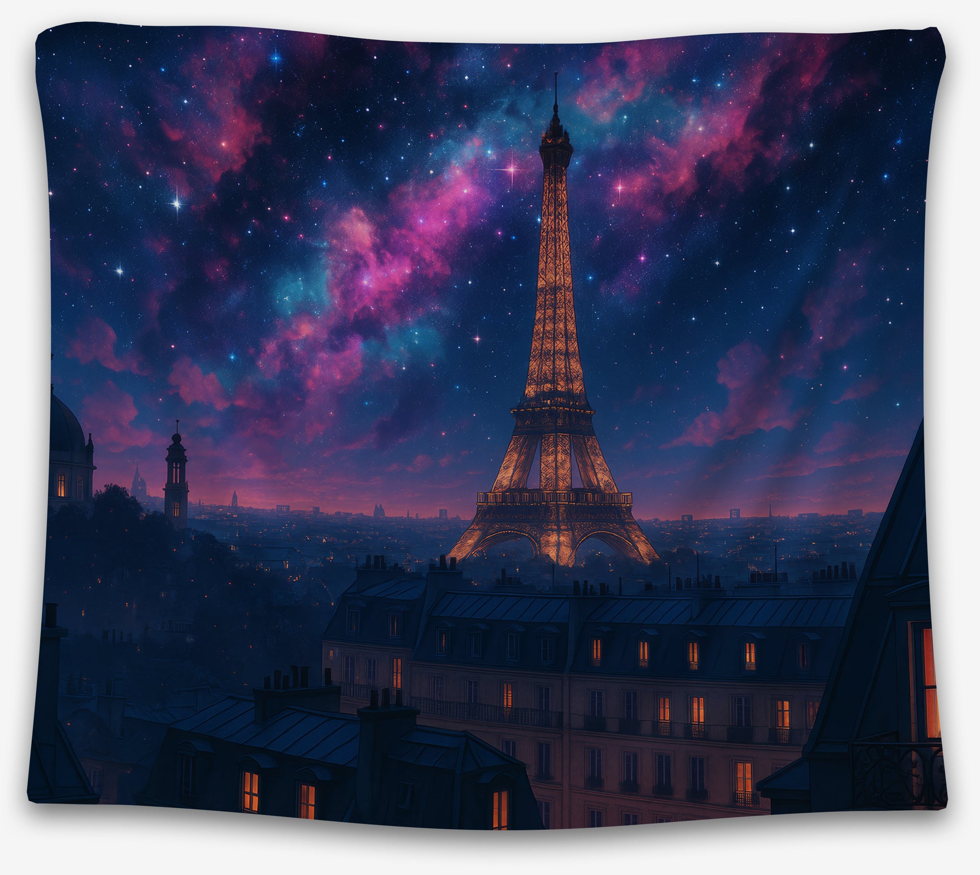 Paris tapestry with glowing Eiffel Tower beneath a starry purple galaxy sky, perfect romantic dorm tapestry or celestial wall hanging by CollegeWares.