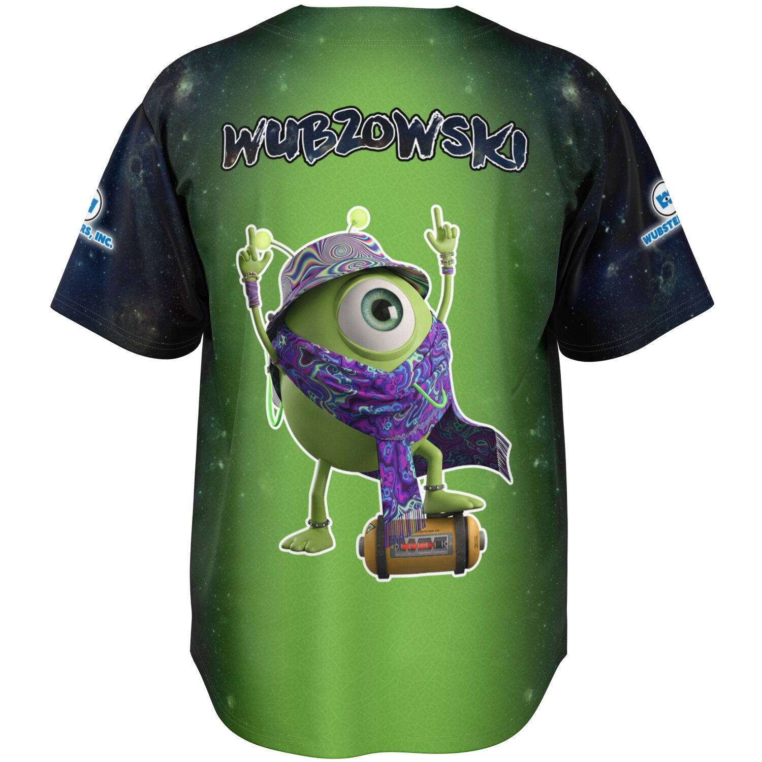 Ghost mockup showing the green gradient back with the one-eyed creature in rave accessories standing on a small speaker and the “WUBZOWSKI” wordmark above the character.