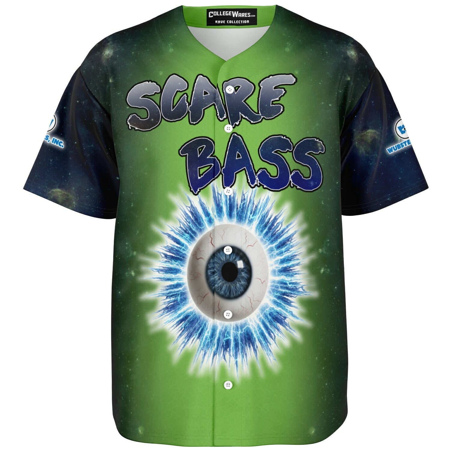 Ghost mockup of the front showing the electrified eyeball graphic centered on the green torso with galaxy-black sleeves and “SCARE BASS” text across the top.