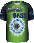 Ghost mockup of the front showing the electrified eyeball graphic centered on the green torso with galaxy-black sleeves and “SCARE BASS” text across the top.