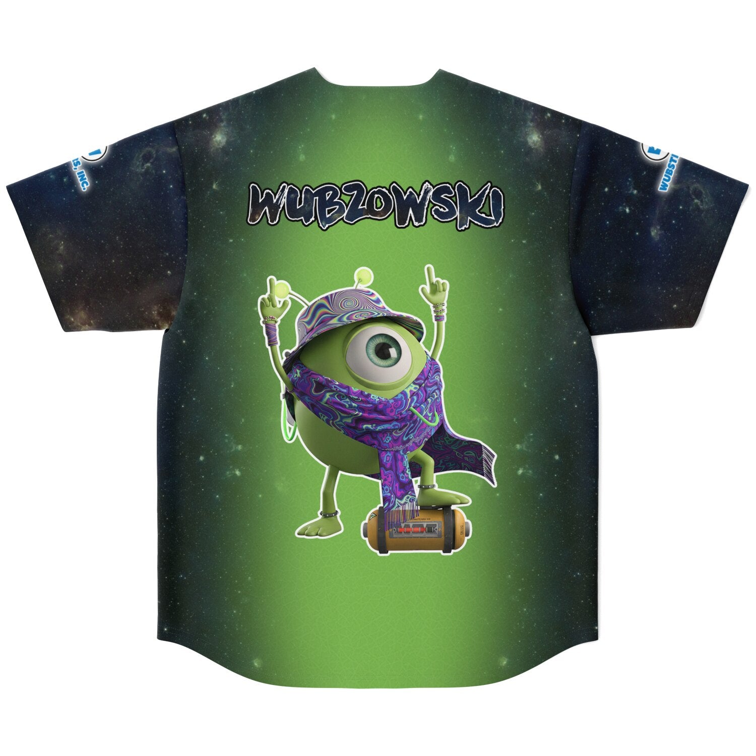 Flat back view of a green-to-black galaxy gradient jersey featuring a one-eyed green creature wearing a patterned hat and scarf, standing on a small speaker, with the word “WUBZOWSKI” printed above.