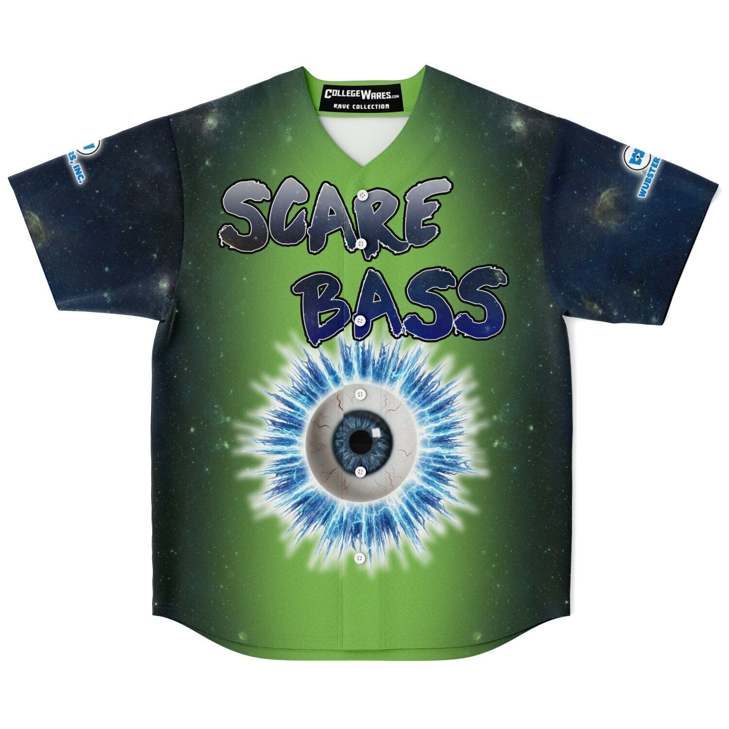 Flat front product image of the jersey displaying a large central eyeball graphic with bright blue electric rays and “SCARE BASS” text across the chest.