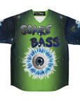 Flat front product image of the jersey displaying a large central eyeball graphic with bright blue electric rays and “SCARE BASS” text across the chest.