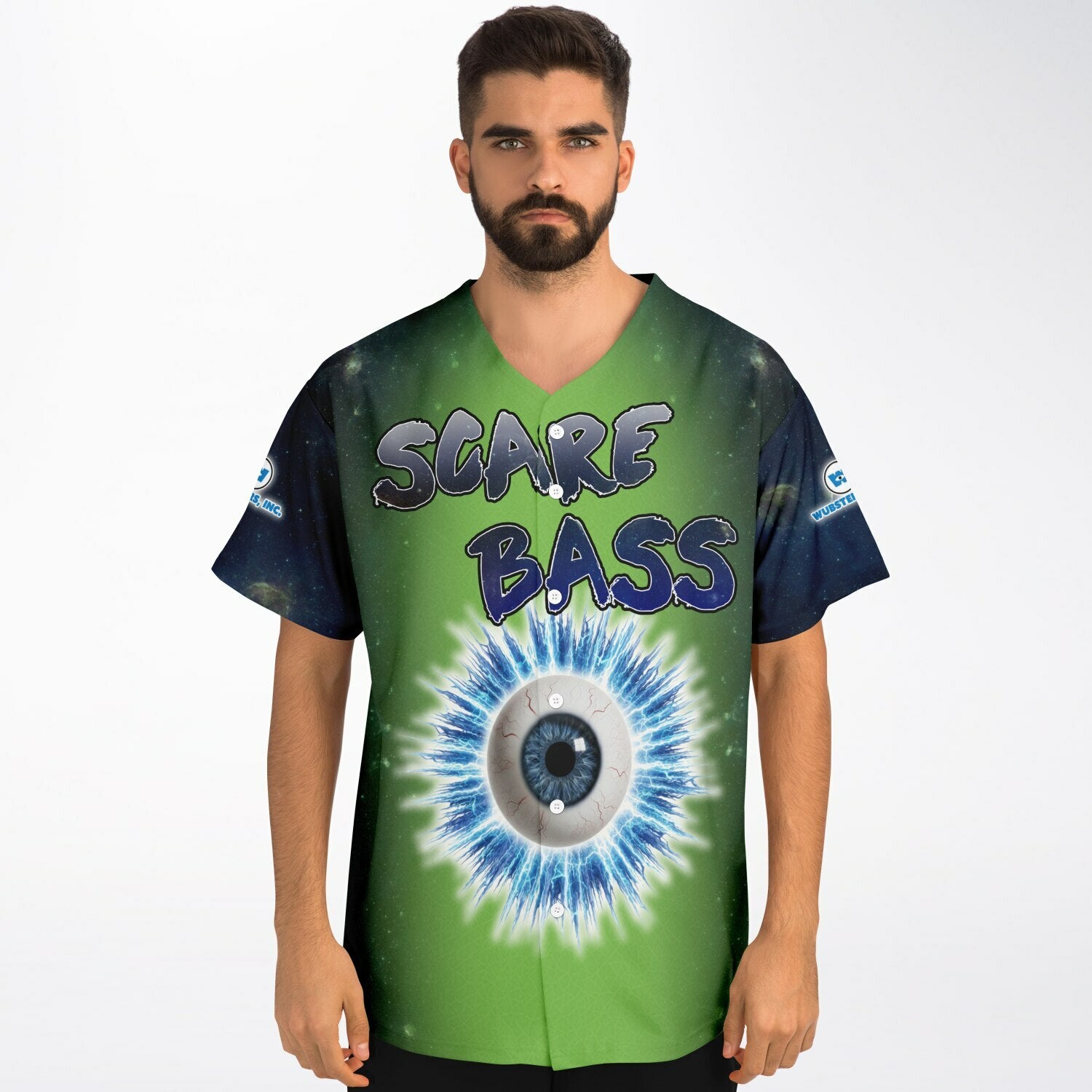 Front view of a man wearing the jersey featuring the bright blue electric eyeball graphic with cracked iris details and the “SCARE BASS” lettering across the chest.