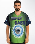 Front view of a man wearing the jersey featuring the bright blue electric eyeball graphic with cracked iris details and the “SCARE BASS” lettering across the chest.