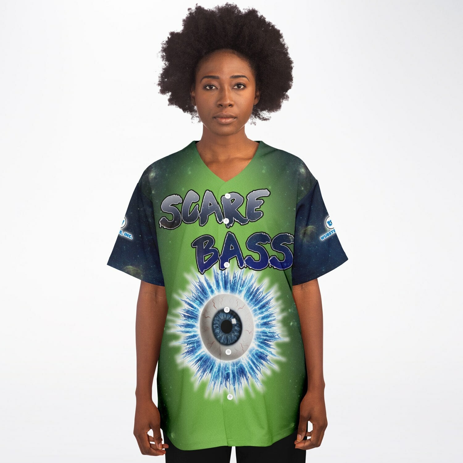 Woman wearing a green-centered jersey with dark galaxy sleeves and a large blue-white electrified eyeball printed in the middle, with the text “SCARE BASS” above it.
