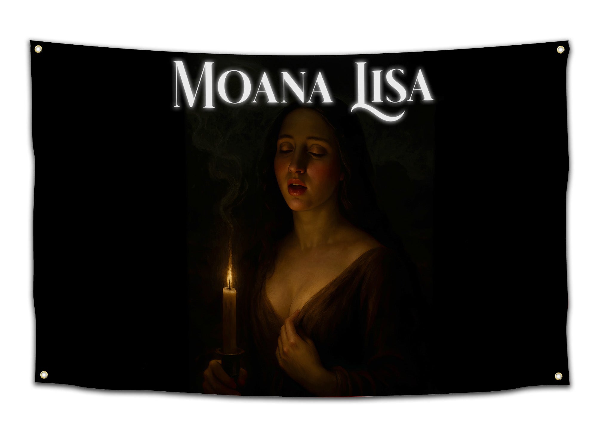 Funny art parody flag with the phrase “Moana Lisa” above a candlelit painting of a woman in dramatic lighting — hilarious meme wall decor for college students and art lovers from CollegeWares.