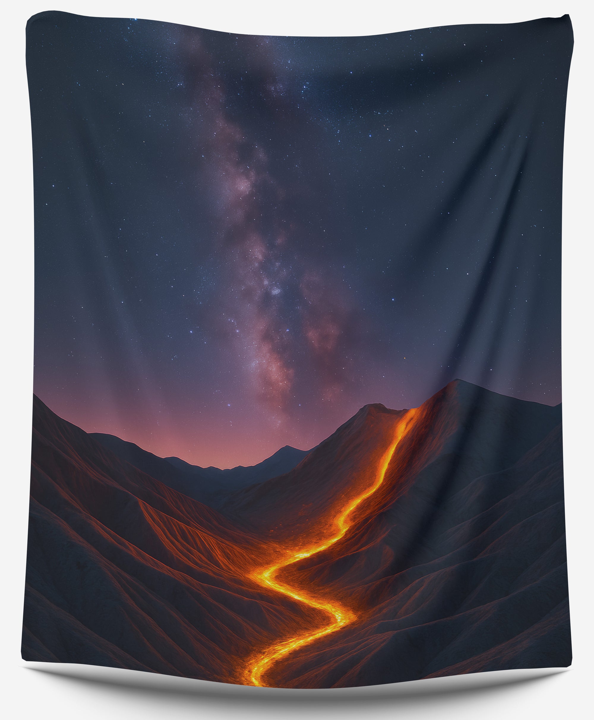 Lava river under Milky Way night sky tapestry, glowing volcanic mountain wall art by CollegeWares.