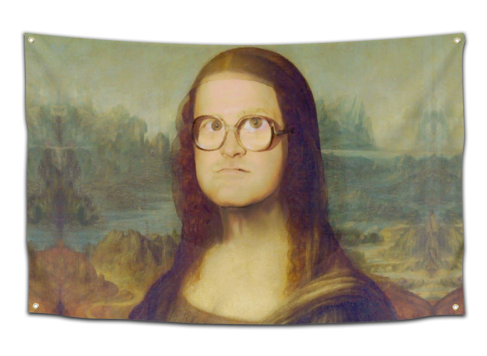 Flag featuring Bubbles from Trailer Park Boys photoshopped into the Mona Lisa painting — funny TV show meme flag from CollegeWares.
