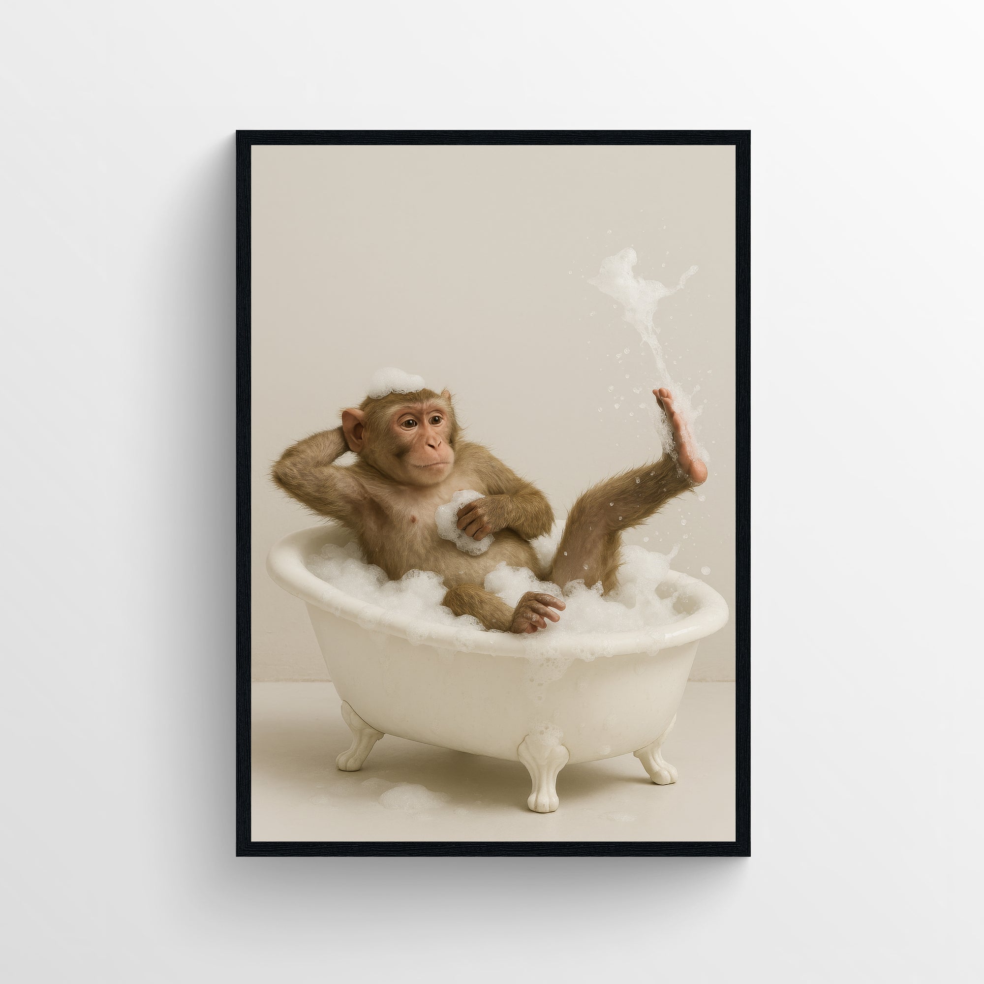 Photorealistic monkey relaxing in a clawfoot bathtub with soap bubbles in a minimalist bathroom — funny bathroom poster, modern wall art, animal wall print for apartments and dorms from CollegeWares.