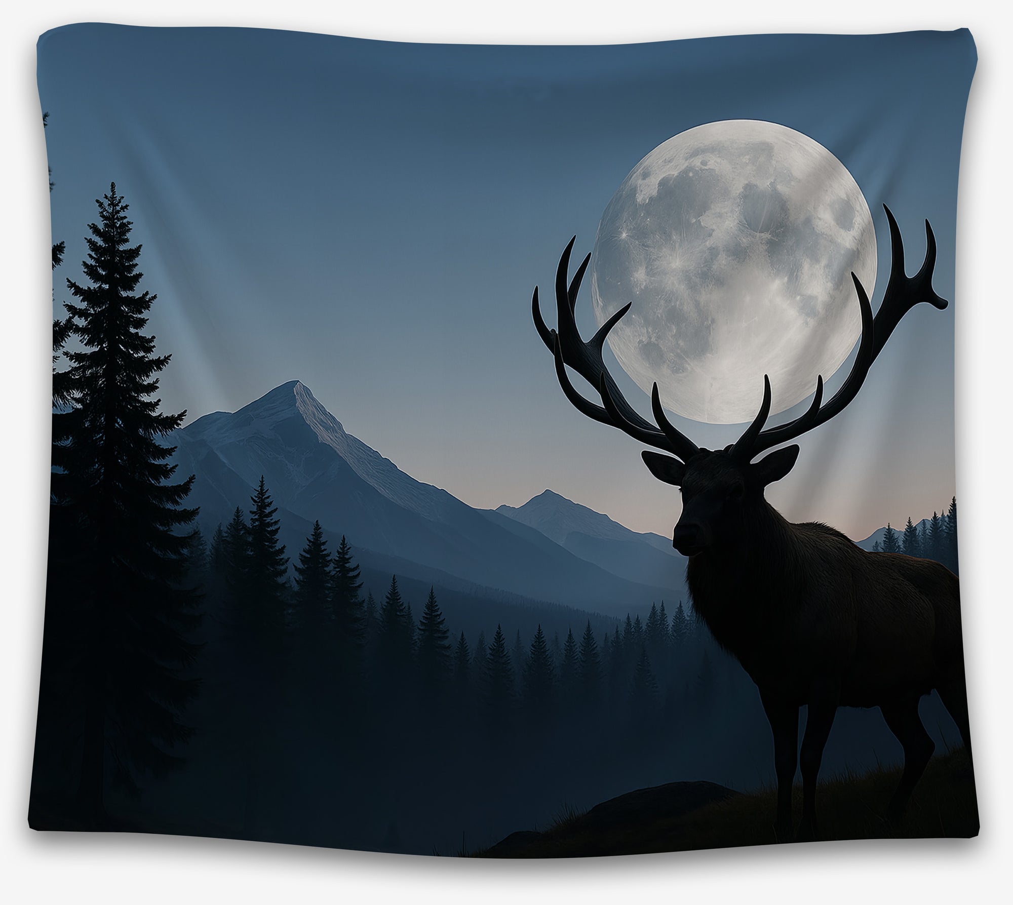 Dark forest dorm tapestry with elk silhouette, glowing full moon, and mountain backdrop — moody aesthetic college wall hanging for nature lovers by CollegeWares.