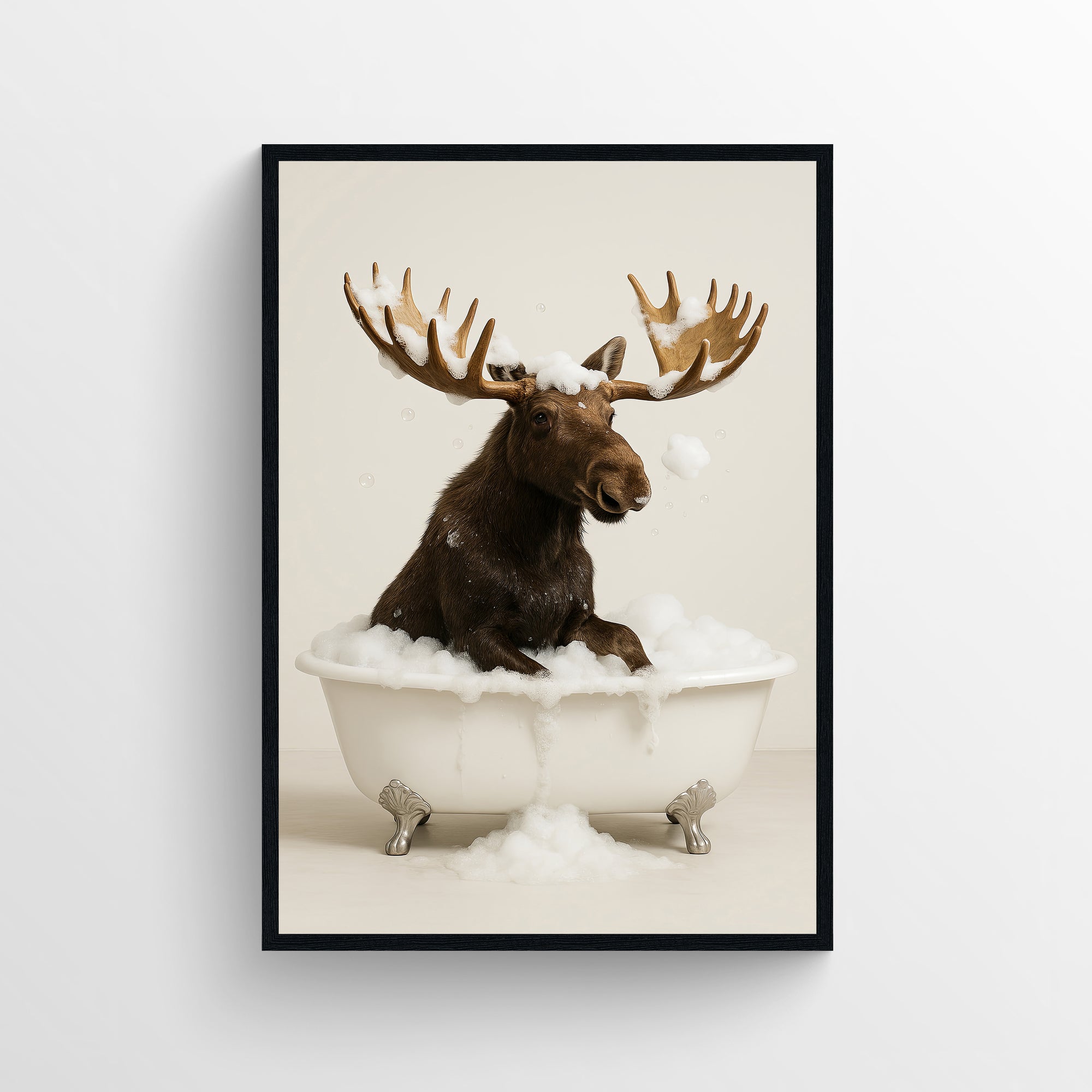 Photorealistic moose sitting in a clawfoot bathtub with soap bubbles in a minimalist bathroom — funny bathroom poster, modern wall art, animal wall print for apartments and dorms by CollegeWares.
