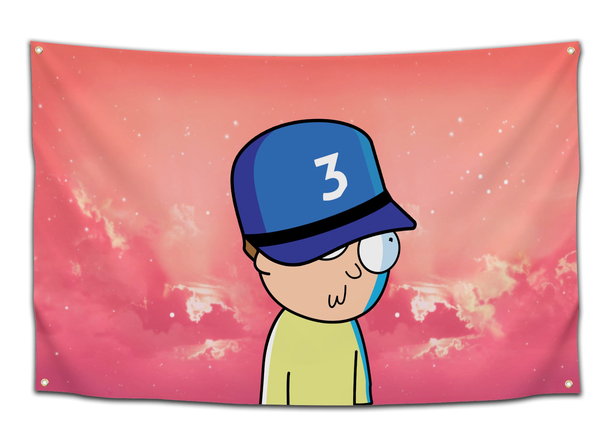 Flag featuring Morty Smith wearing a blue “3” hat against a pink sky background, parodying Chance the Rapper’s Coloring Book album cover — funny rapper meme flag from CollegeWares.