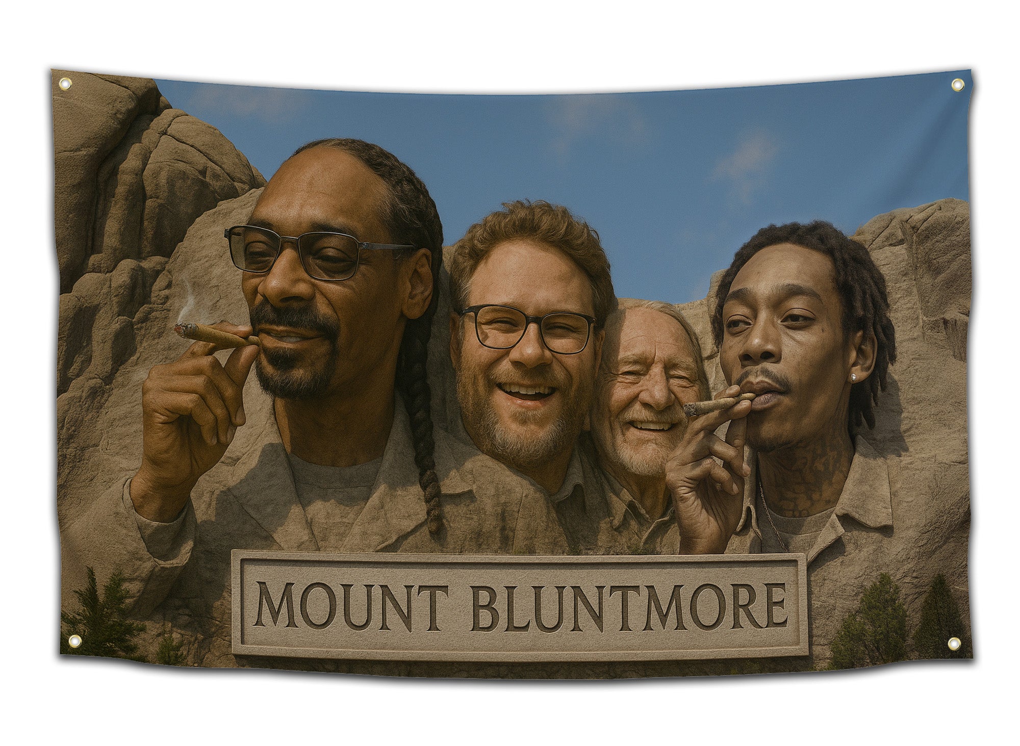 Funny stoner flag with a parody of Mount Rushmore showing Snoop Dogg, Seth Rogen, Willie Nelson, and Wiz Khalifa carved into stone while smoking blunts — weed wall art for stoners and college partiers by CollegeWares.