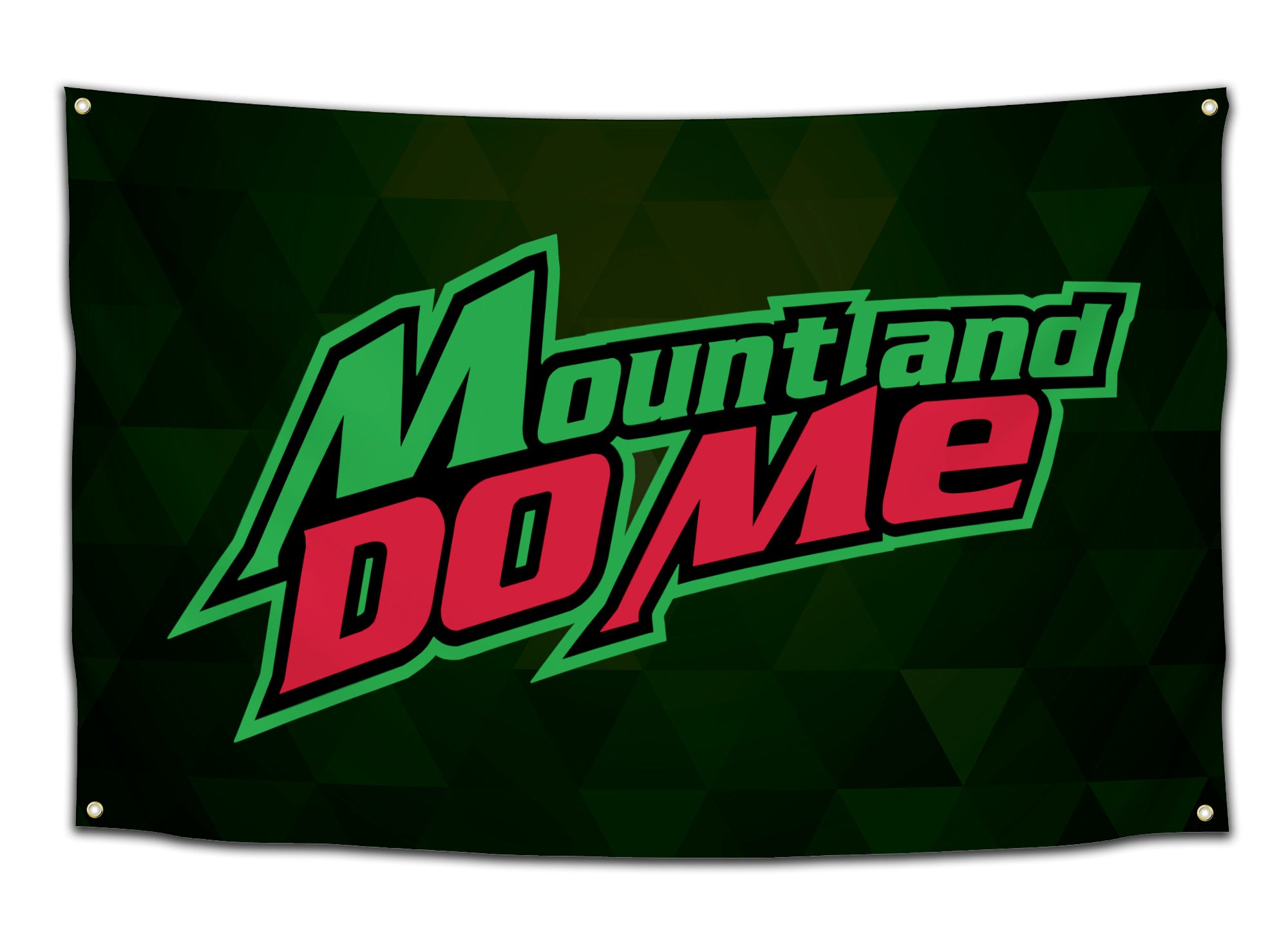 Flag featuring a parody of the Mountain Dew logo reading “Mount and Do Me” in green and red colors on a dark geometric background — funny drinking and hookup flag from CollegeWares.
