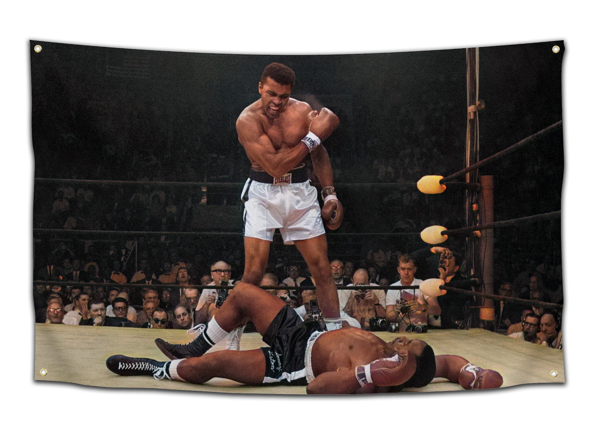 Flag showing Muhammad Ali flexing over a knocked-out Sonny Liston in the boxing ring — legendary fight moment turned bold college dorm flag for athletes, boxing fans, and gym bros by CollegeWares.