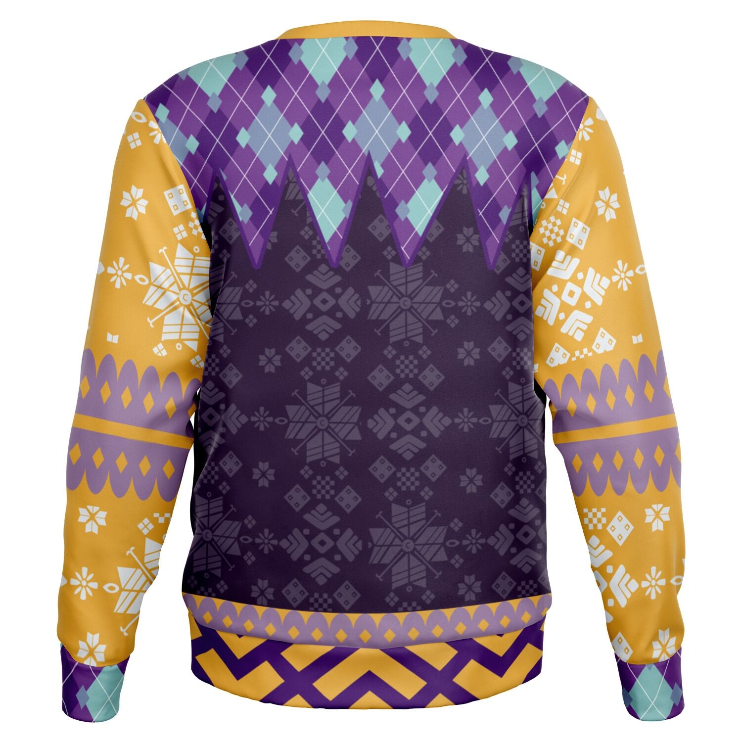 Back view of purple sweater with patterned shoulders, snowflakes, and no text — edgy psychic-themed design from CollegeWares.