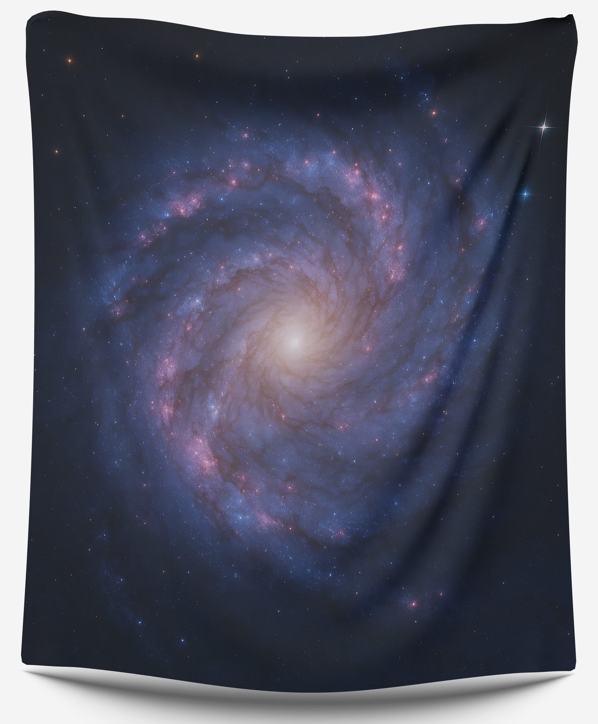 Blue and violet spiral galaxy with glowing white core and stars, perfect cosmic dorm tapestry or galaxy wall art by CollegeWares.