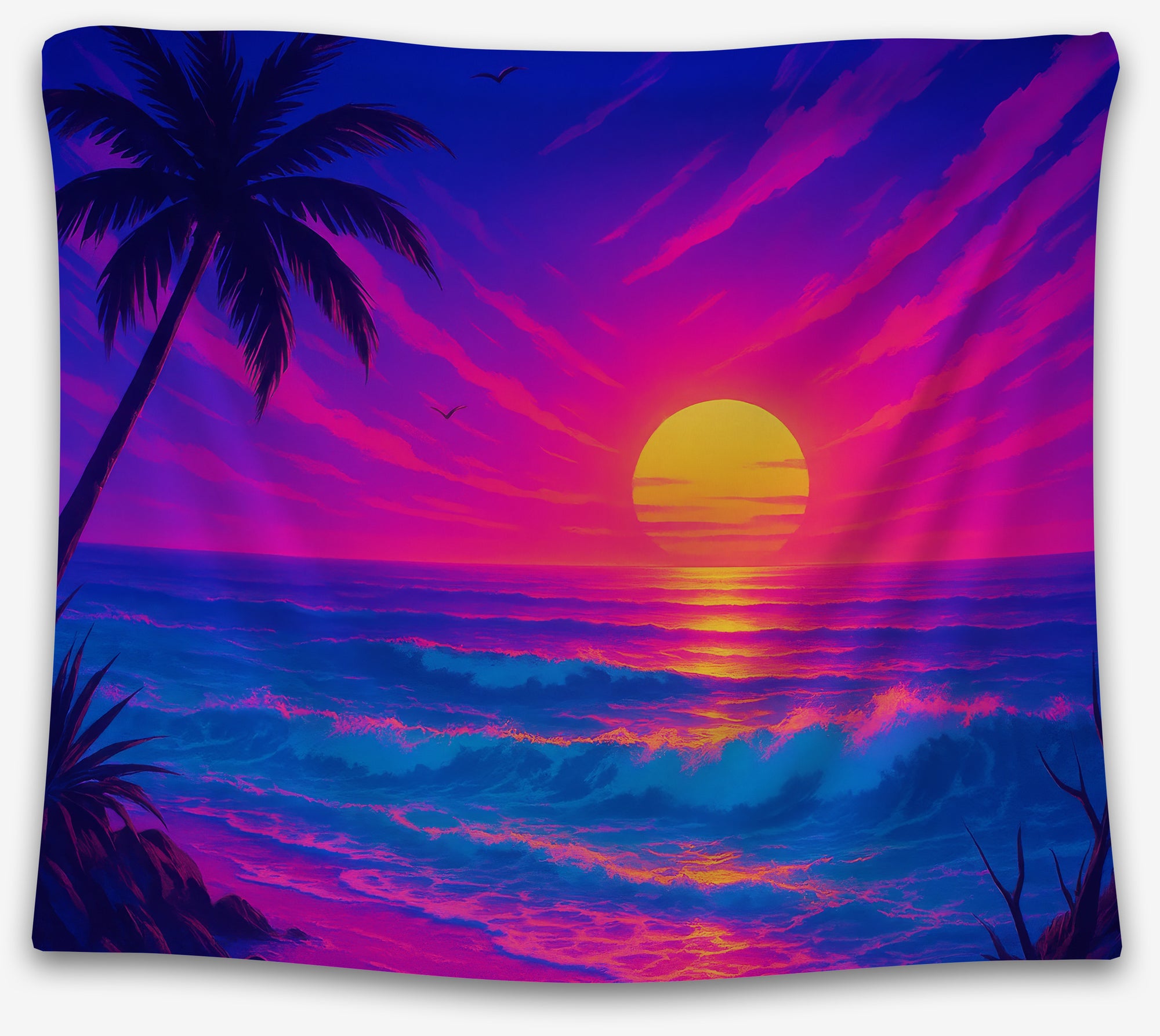 Vibrant vaporwave beach tapestry with neon pink sunset, blue ocean waves, and palm trees, perfect retro dorm tapestry by CollegeWares.
