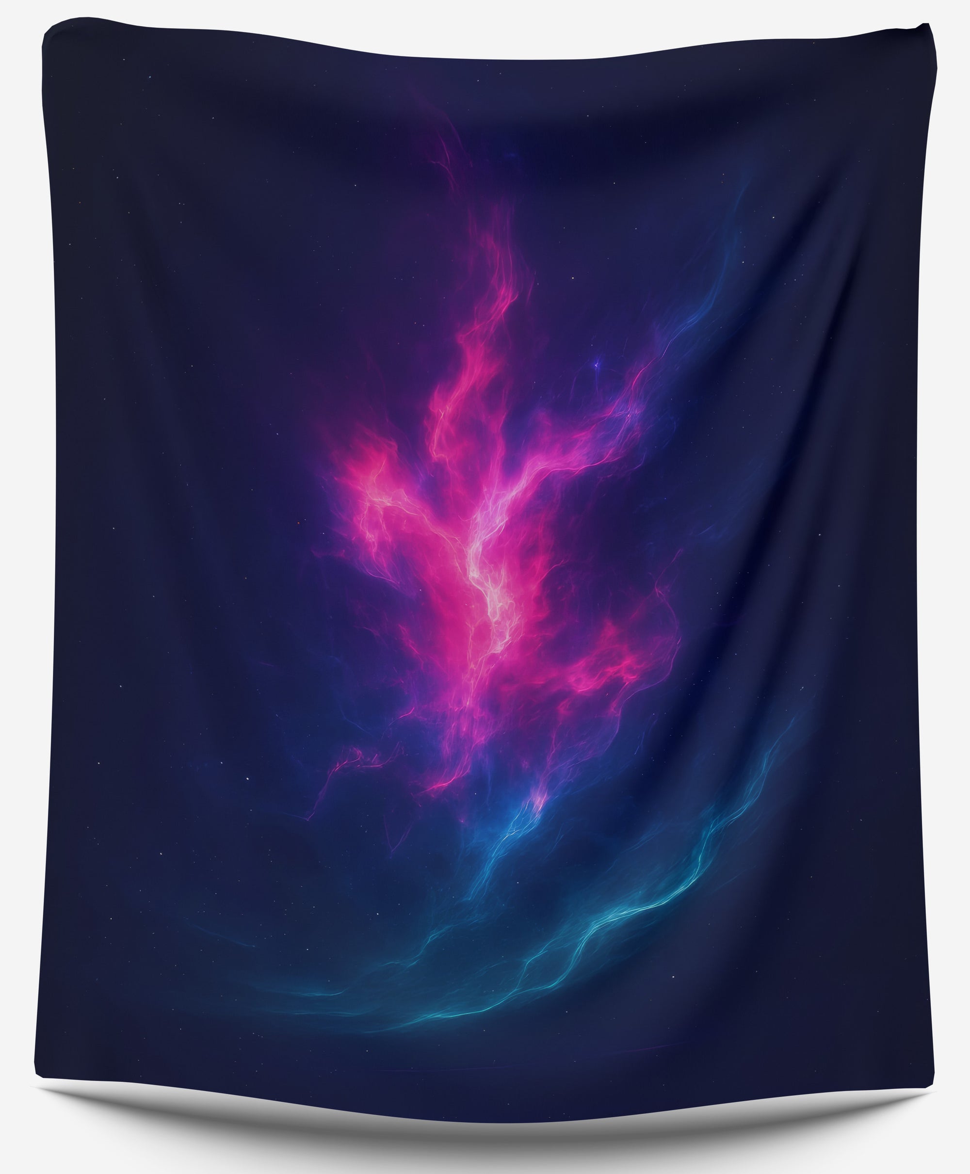 Bright pink and blue nebula clouds in dark space, glowing galaxy dorm tapestry for futuristic college room decor by CollegeWares.