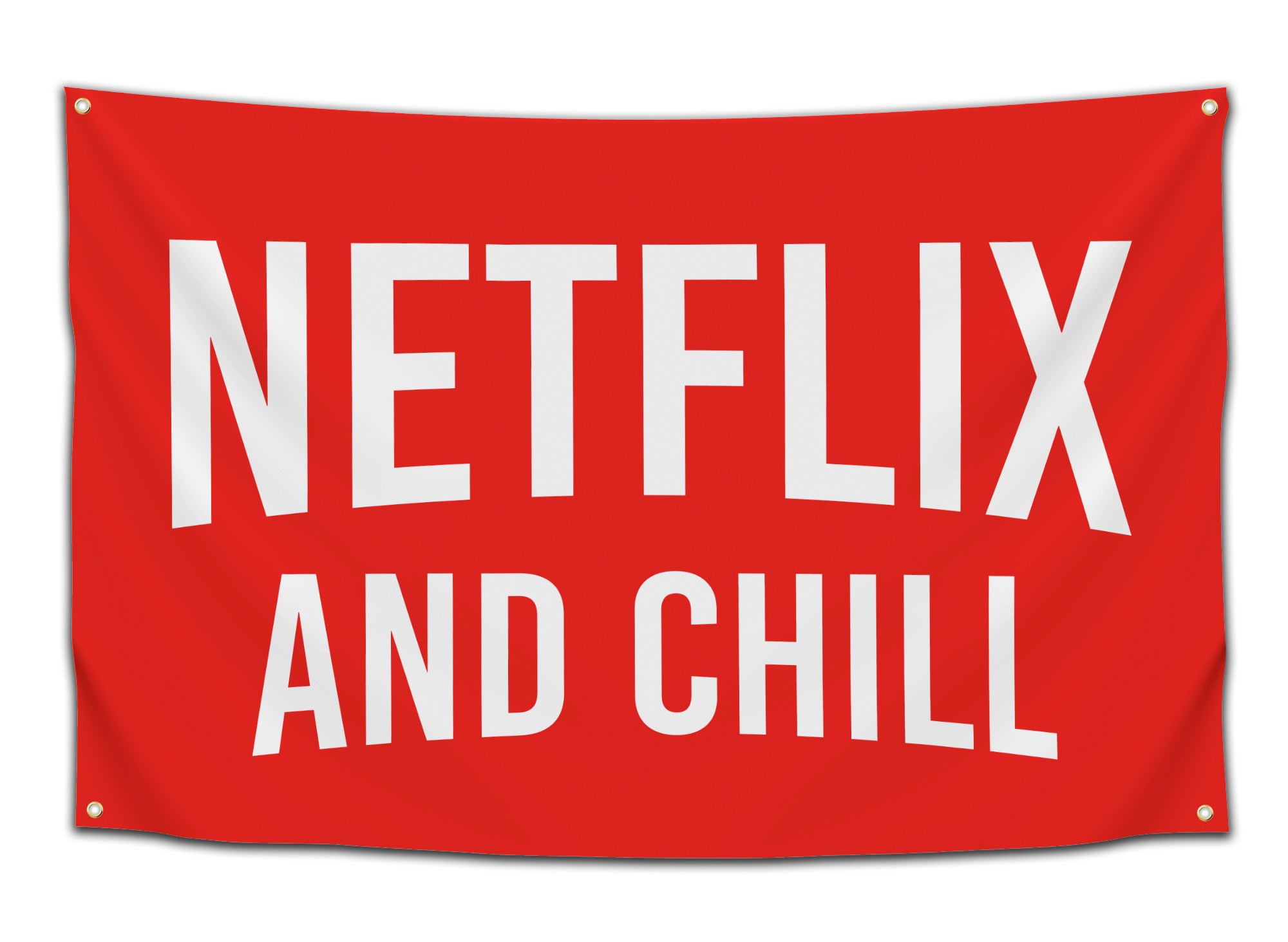 Flag featuring large white text reading “Netflix and Chill” on a red background, parodying the Netflix logo — classic hookup meme flag from CollegeWares.
