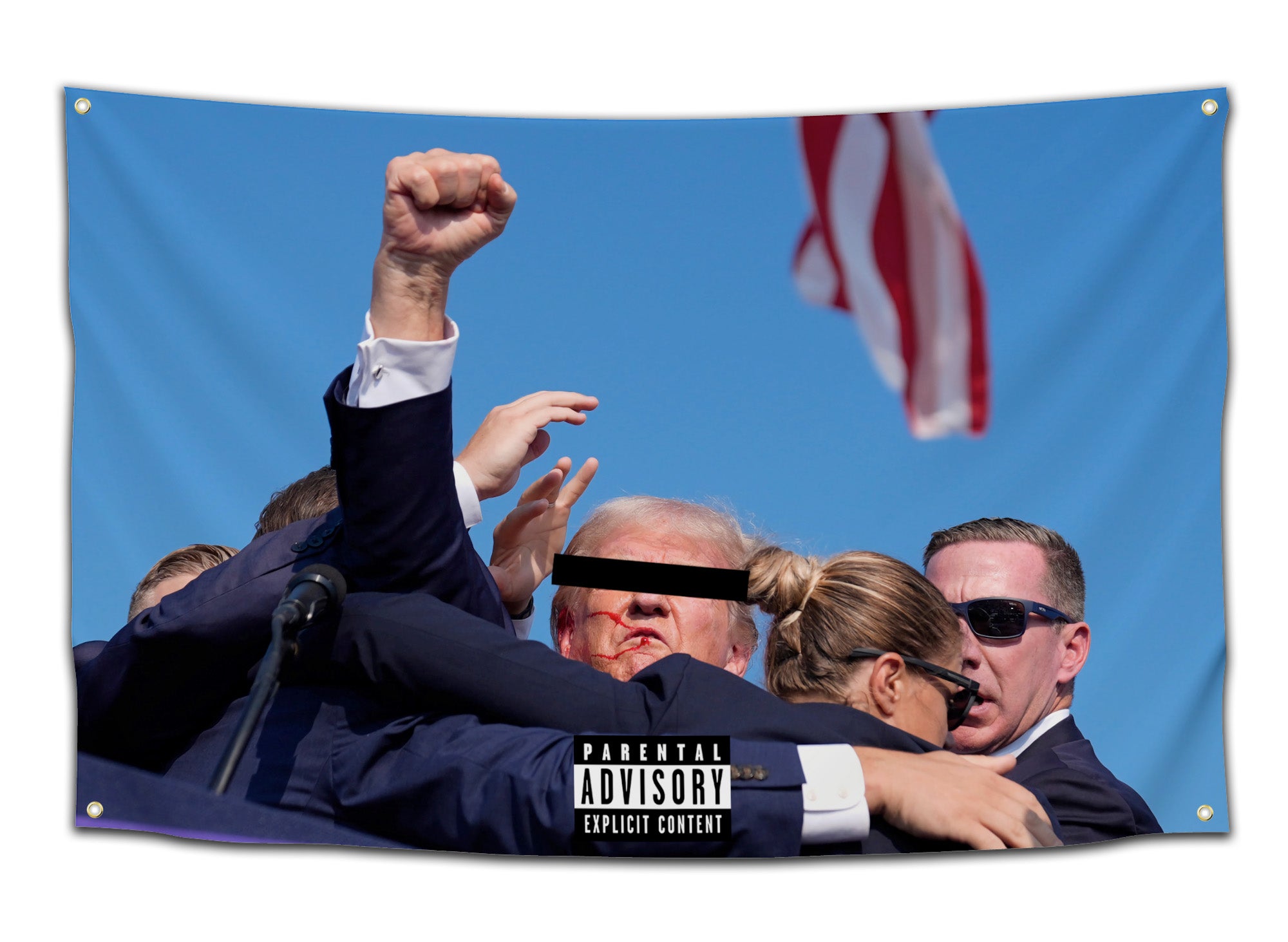 Flag featuring a censored photo of Donald Trump after being wounded at a rally, surrounded by secret service agents, with blood on his face and a Parental Advisory label — chaotic meme banner for dorms and college rooms by CollegeWares.