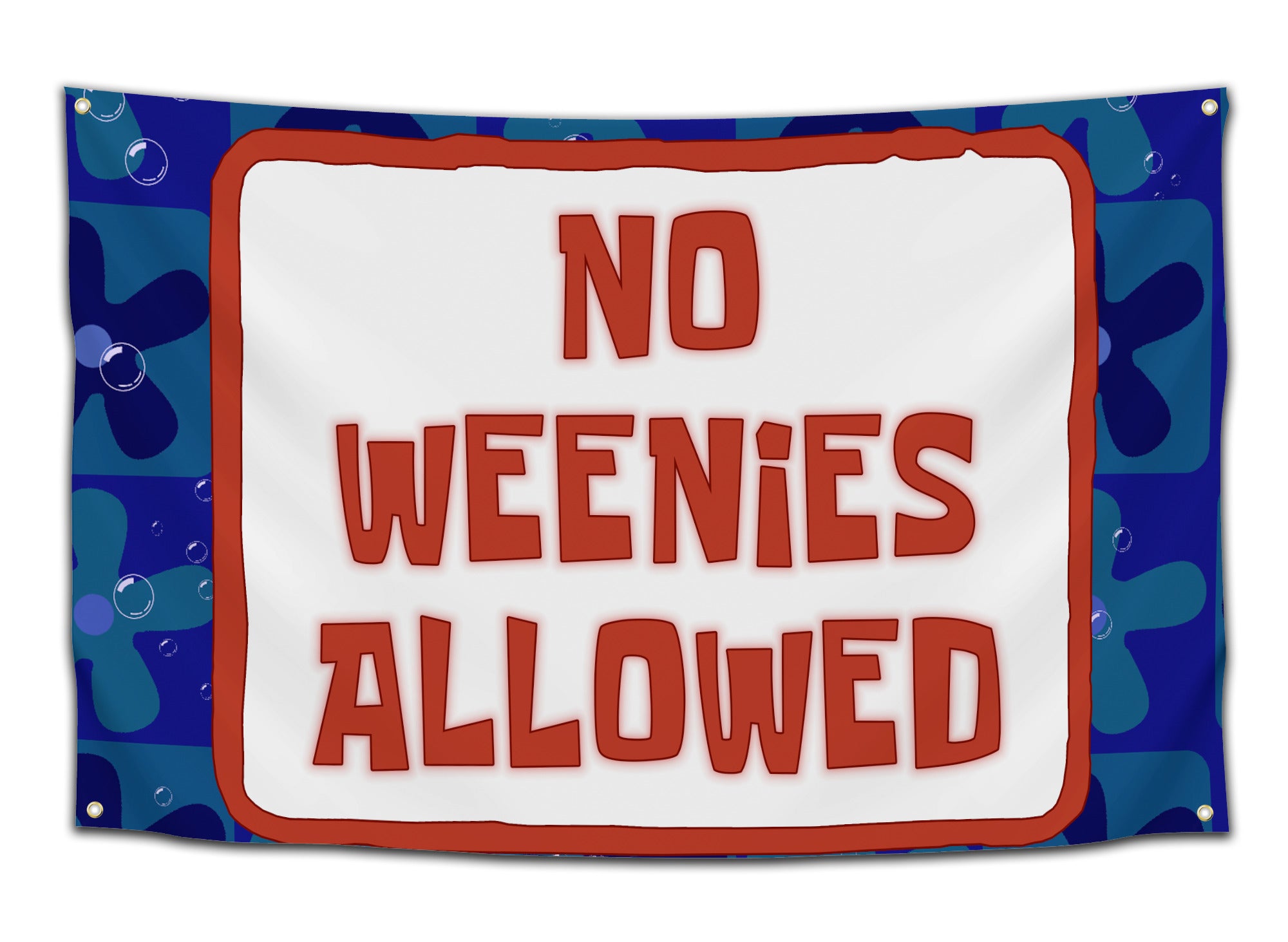 Flag inspired by SpongeBob SquarePants featuring the “No Weenies Allowed” sign on a blue and purple flower background — cartoon meme flag from CollegeWares.