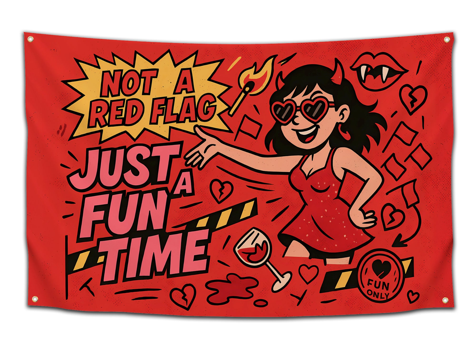 Red flag with cartoon art of a devil girl in heart sunglasses next to bold pink and yellow text saying “Not a Red Flag, Just a Fun Time” — meme party flag for hot messes and college girls by CollegeWares.