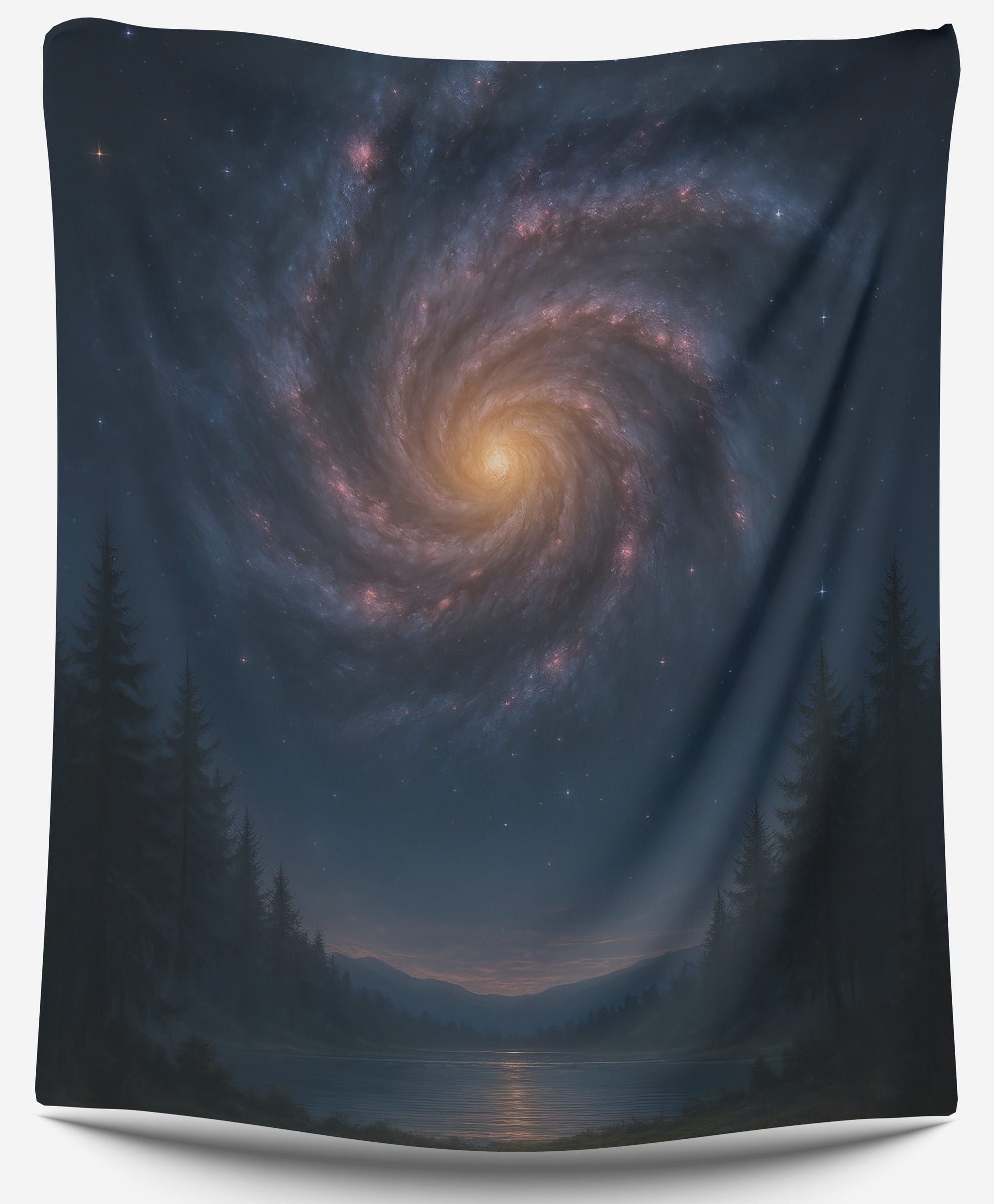 Galaxy spiral glowing over a calm lake surrounded by pine trees under a night sky, creating a surreal and dreamy galaxy dorm tapestry by CollegeWares.