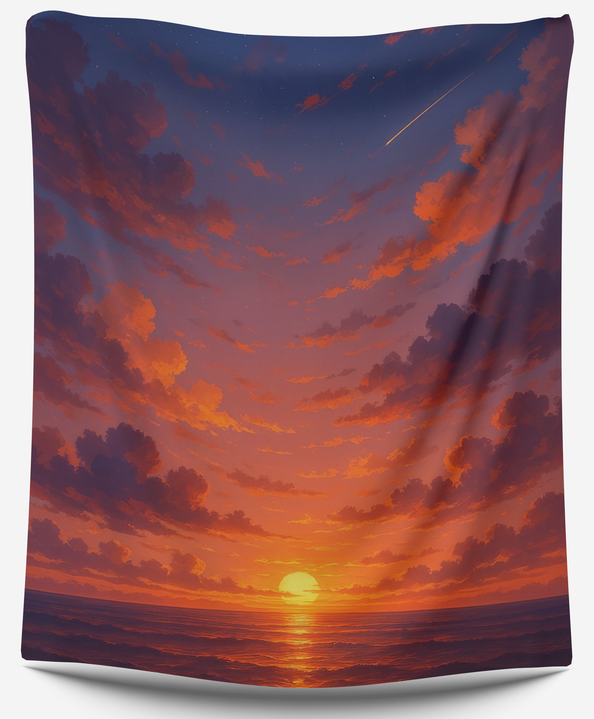 Fiery orange sunset over ocean with glowing clouds and reflection, dreamy beach dorm tapestry for sunset aesthetic wall decor by CollegeWares.